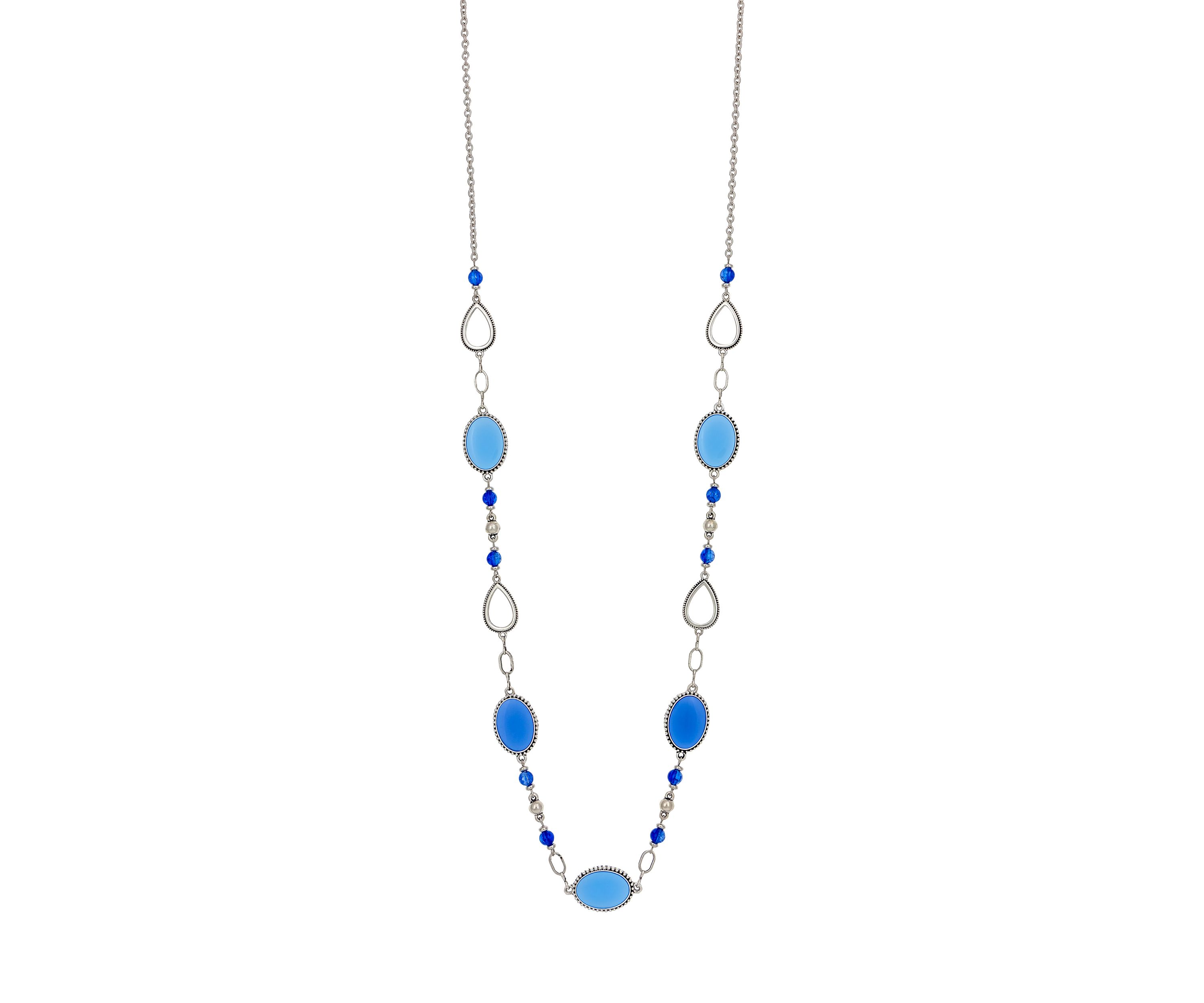 Silver-Tone Long Linked Blue Bead and Oval Disc Station Necklace