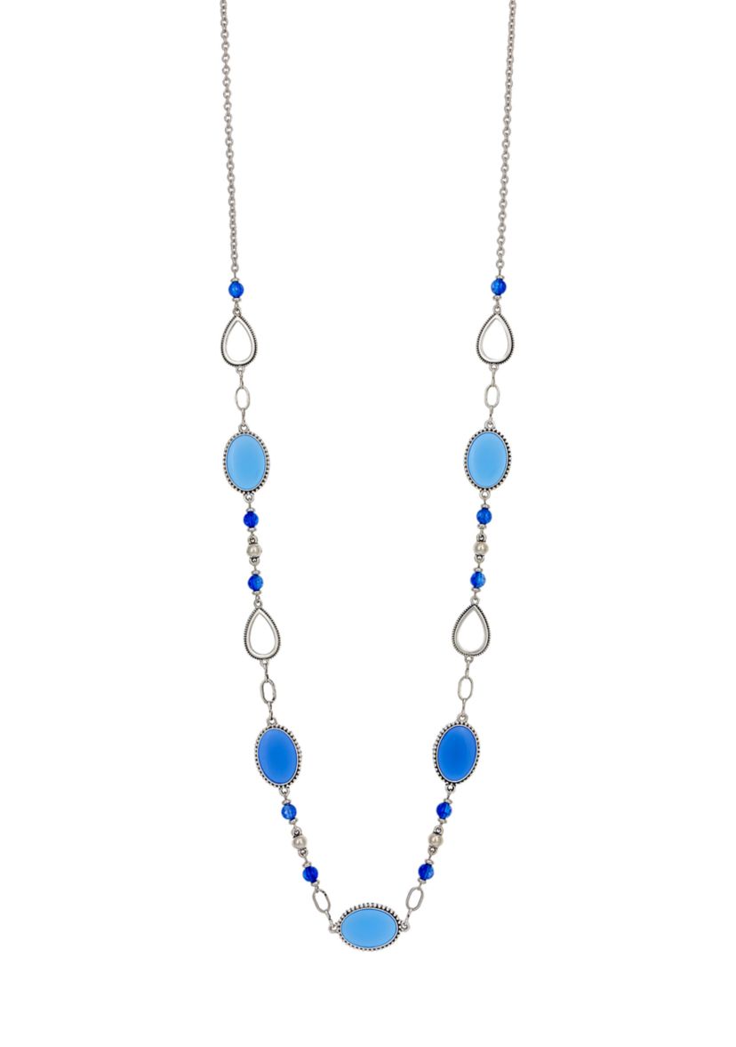 Silver-Tone Long Linked Blue Bead and Oval Disc Station Necklace