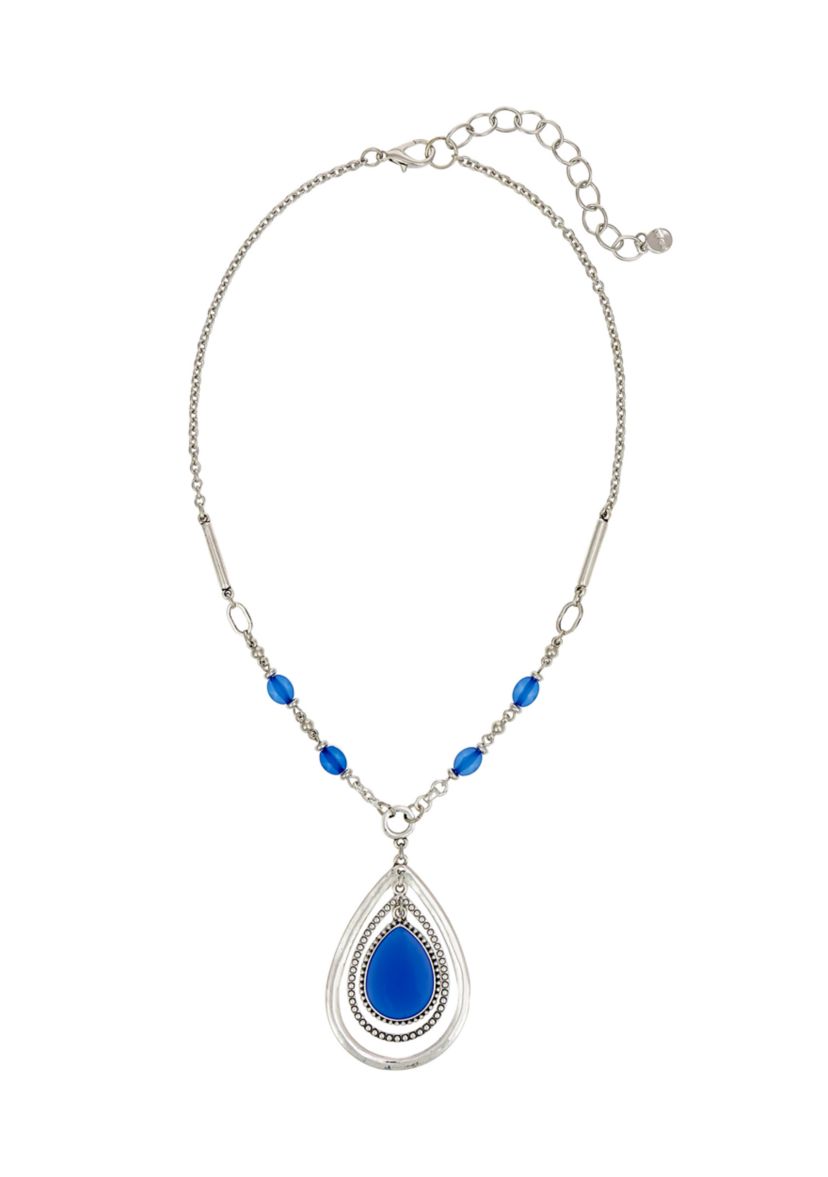 Silver-Tone Short Blue Orbital Pendant Necklace