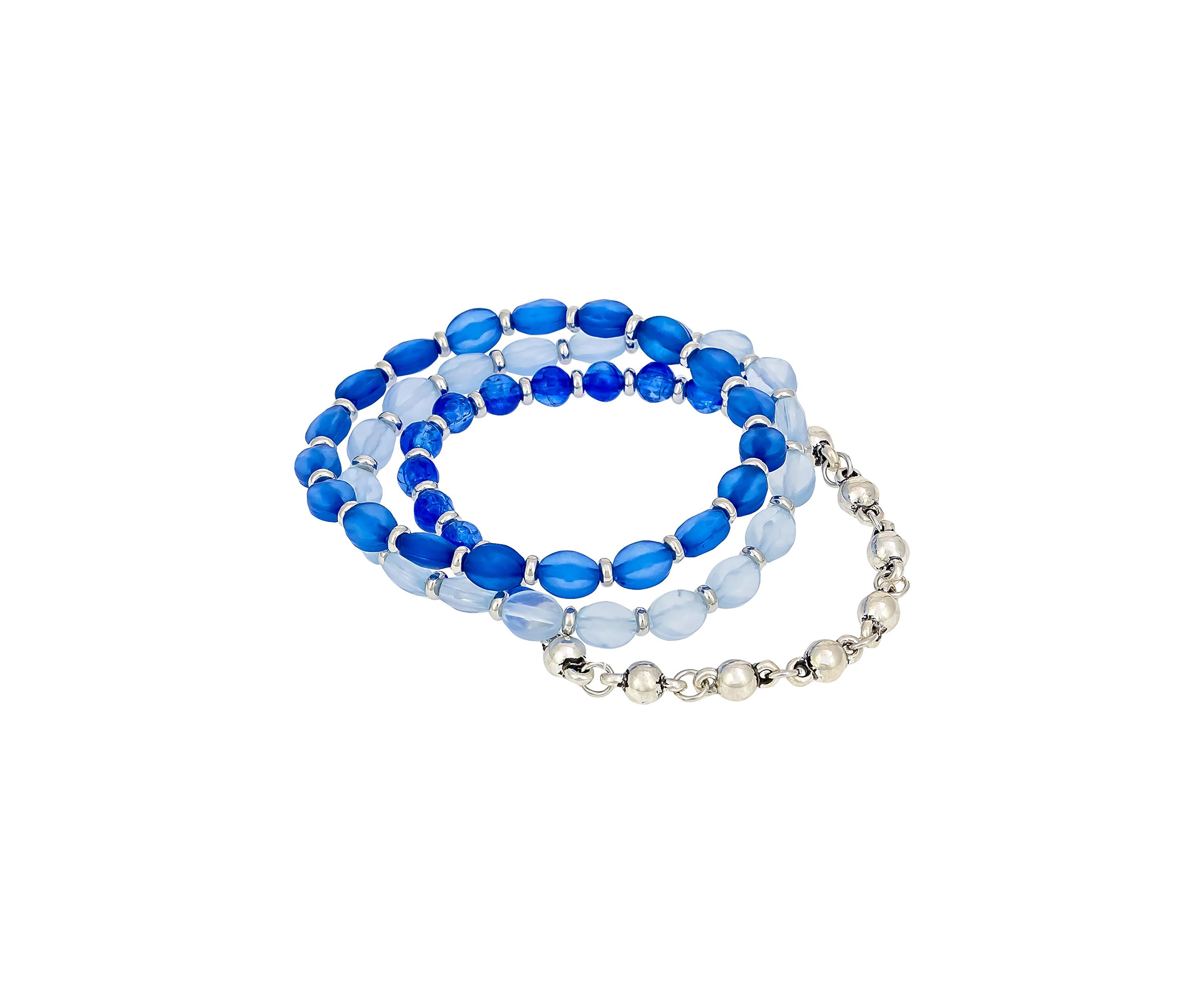 Silver-Tone 3 Row Blue Multi and Metal Beaded Stretch Bracelet Set