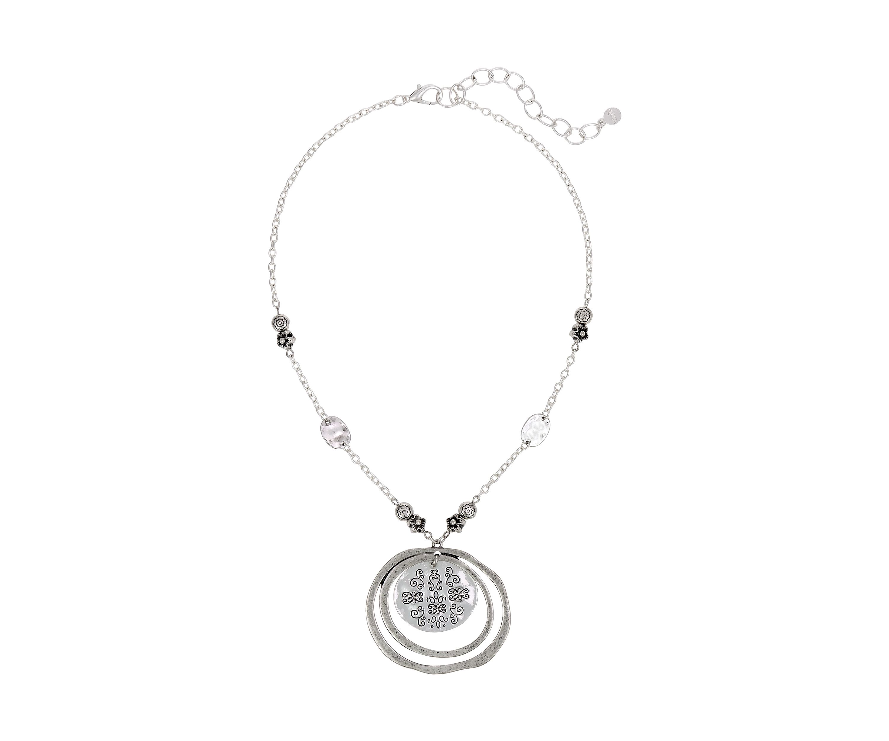 Silver-Tone Short Etched Round Disc Orbital Pendant Necklace