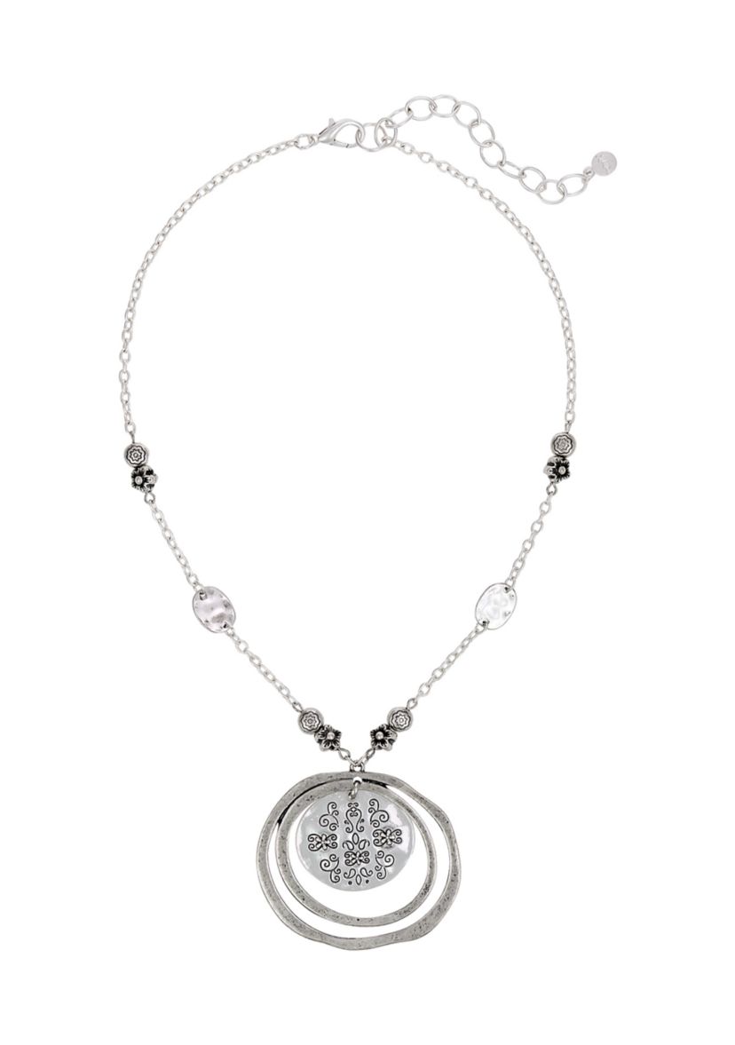 Silver-Tone Short Etched Round Disc Orbital Pendant Necklace