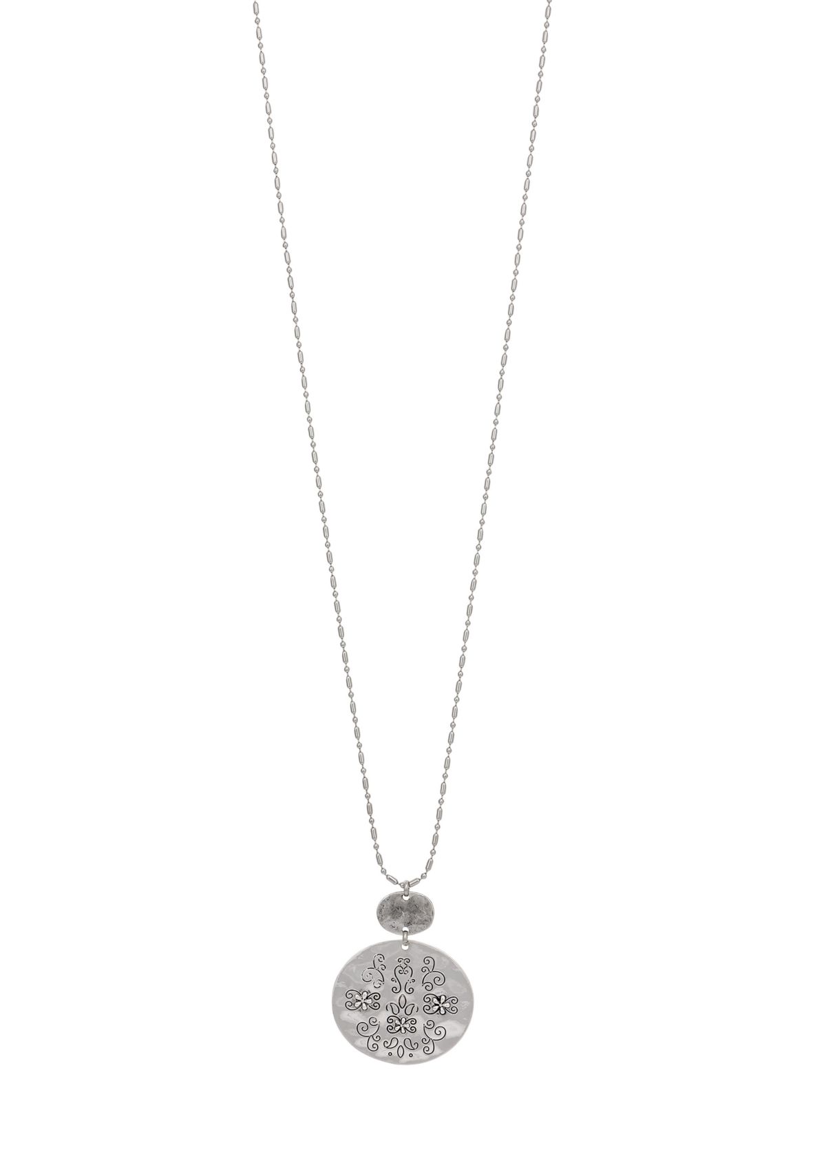 Silver-Tone Long Chain Etched Round Disc Pendant Necklace