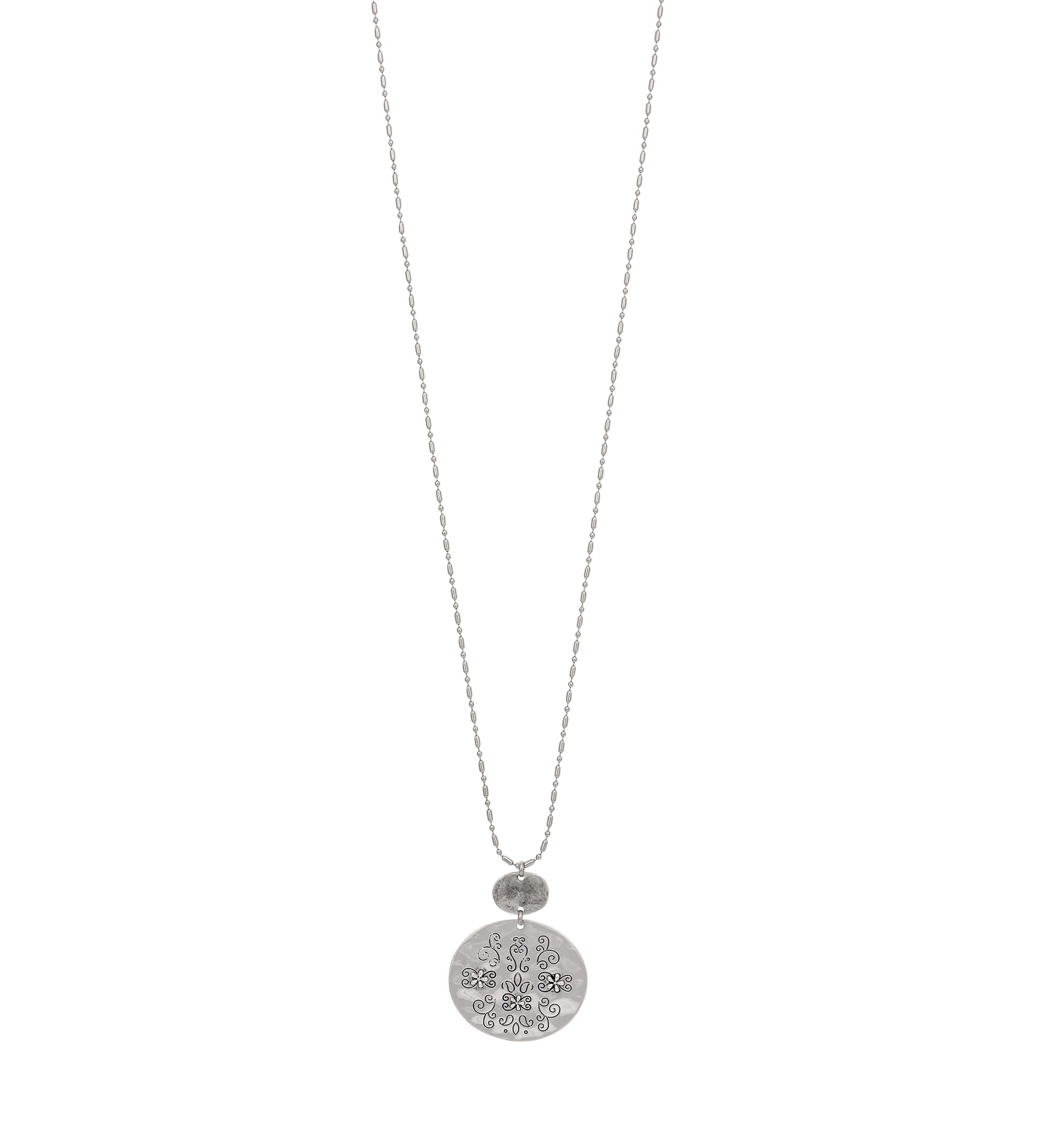 Silver-Tone Long Chain Etched Round Disc Pendant Necklace