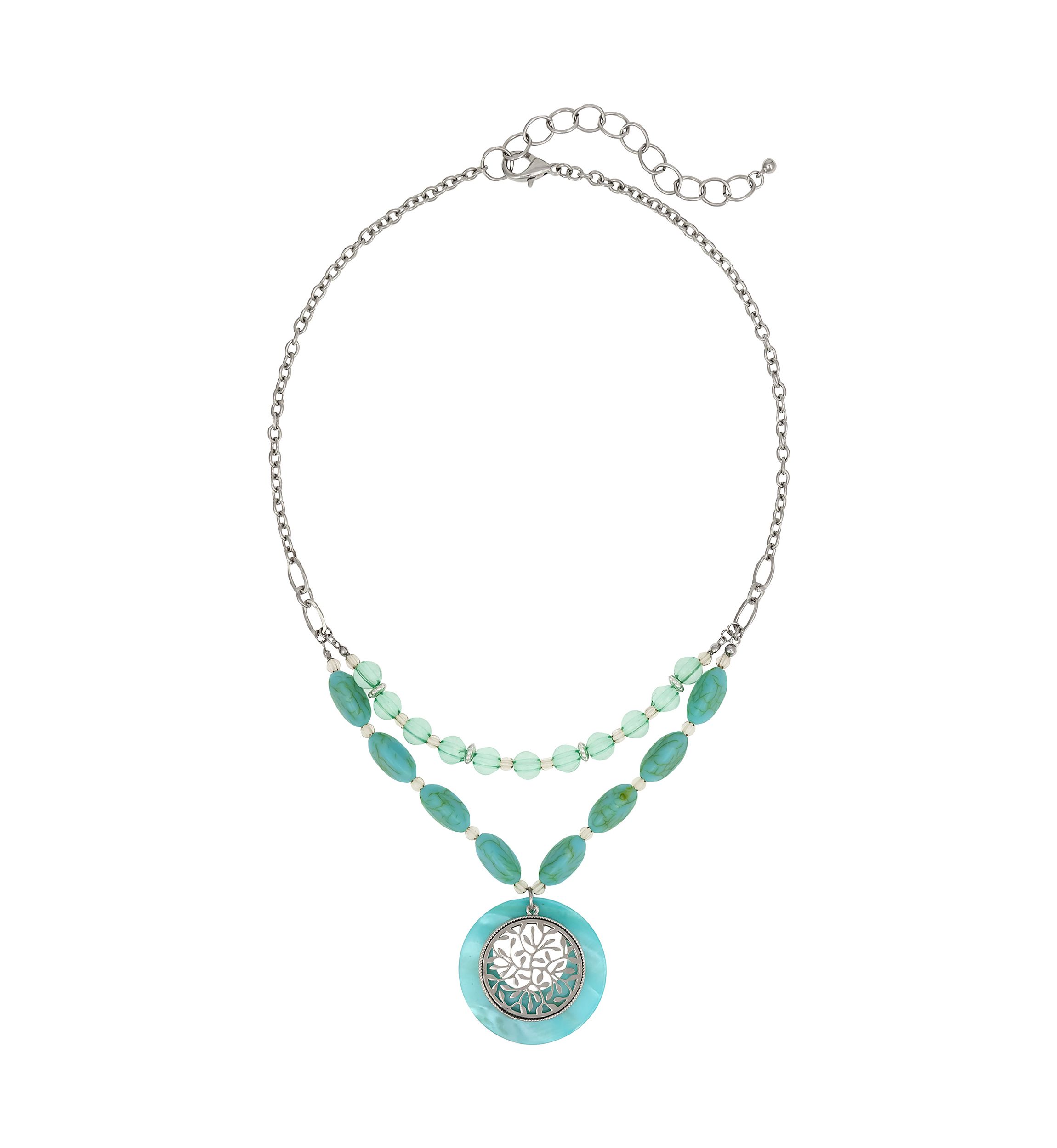 2 Row Bead/Chain Short Aqua Shell Round Pendant with Filigree Metal Disc Overlay Necklace
