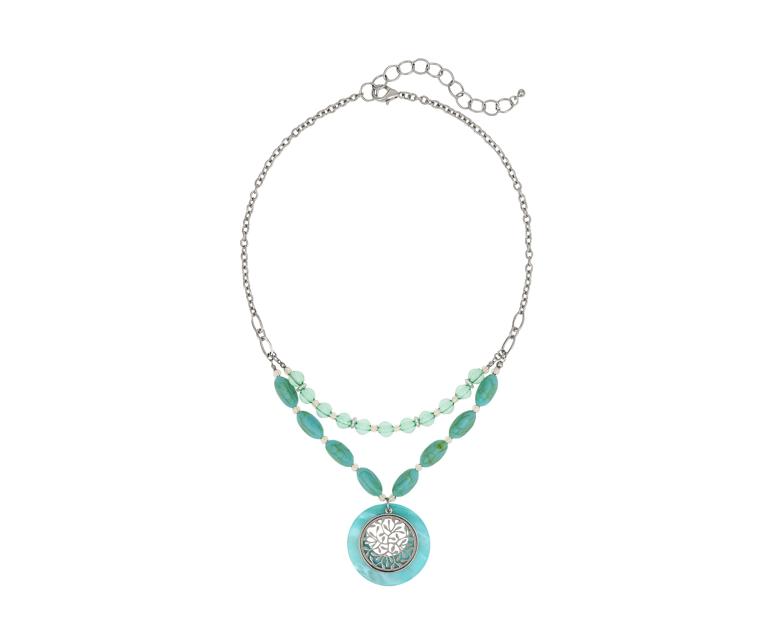 2 Row Bead/Chain Short Aqua Shell Round Pendant with Filigree Metal Disc Overlay Necklace