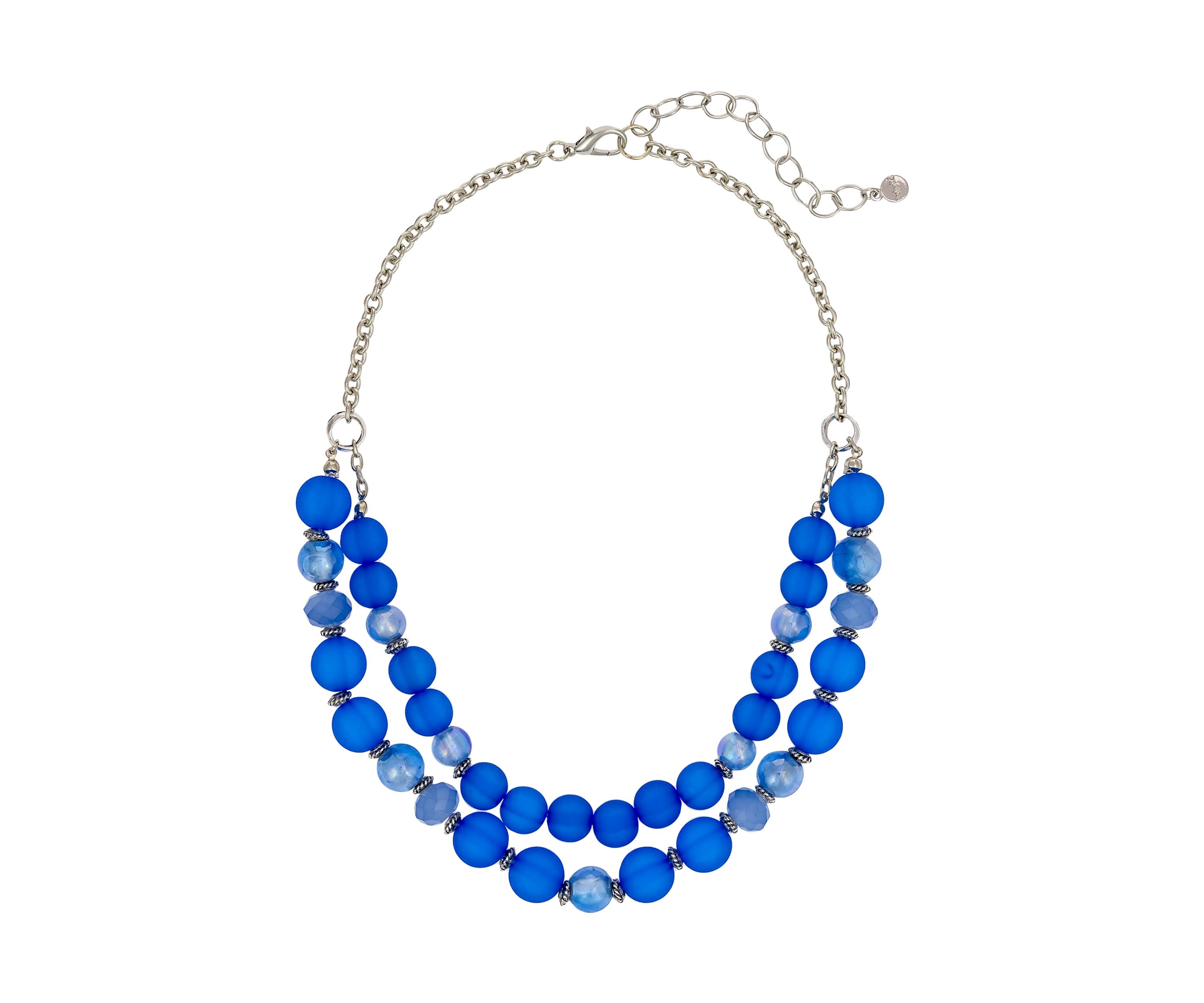 Silver-Tone 2 Row Short Blue Multi Beaded Necklace