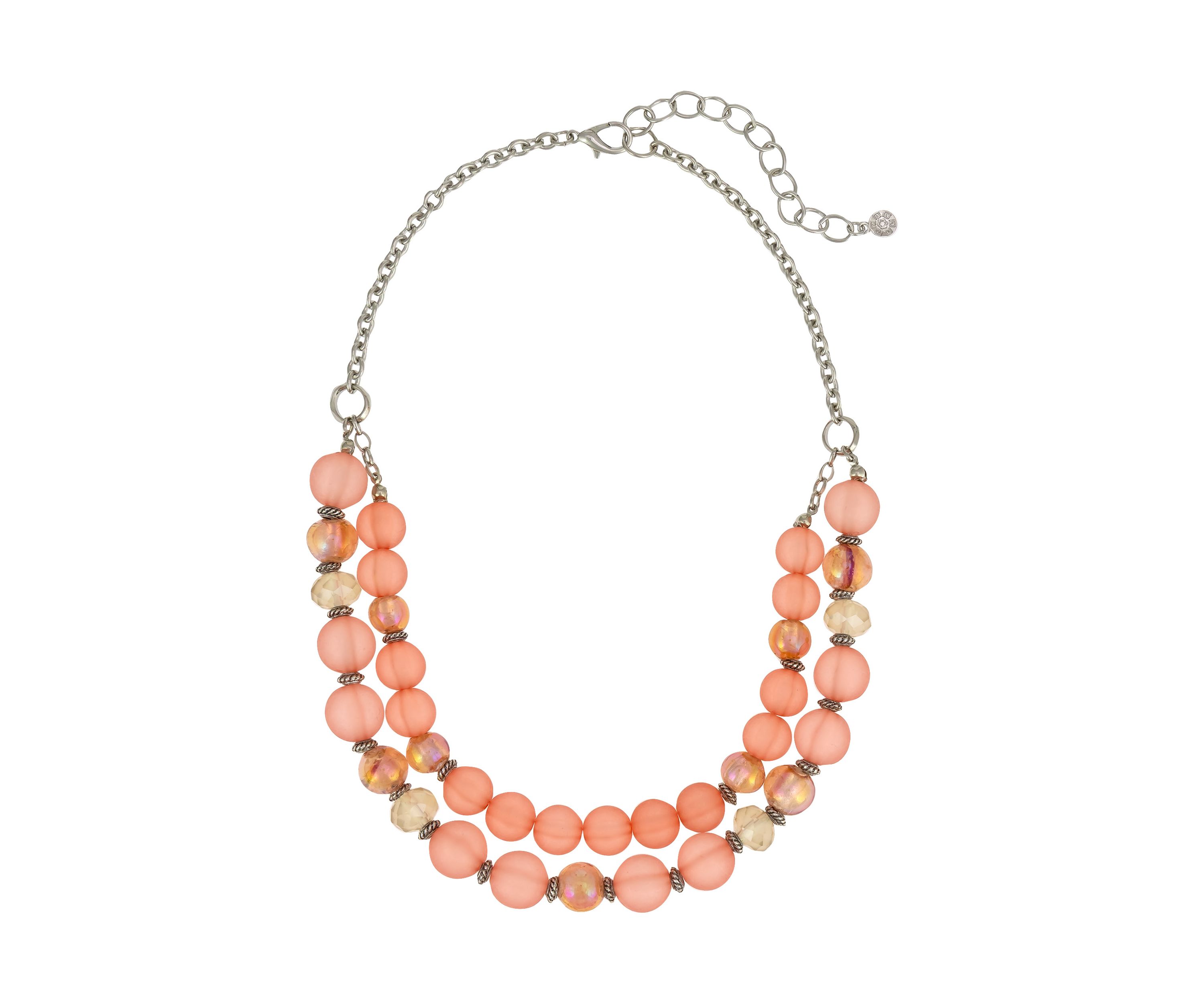 Silver Tone 2 Row Coral Beaded Necklace 