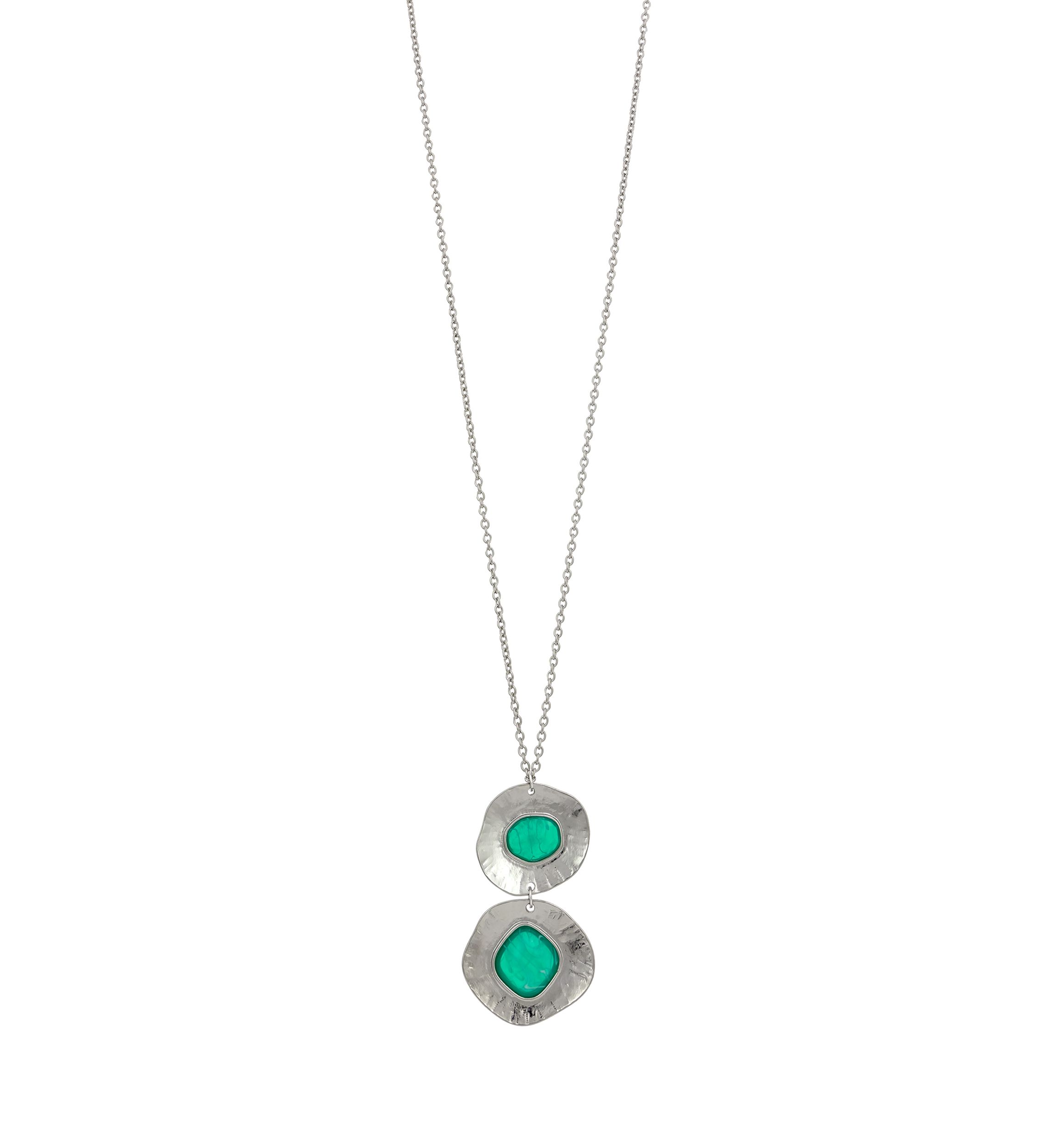 Long Round Metal Double Disc Pendant with Aqua Center Stone Necklace