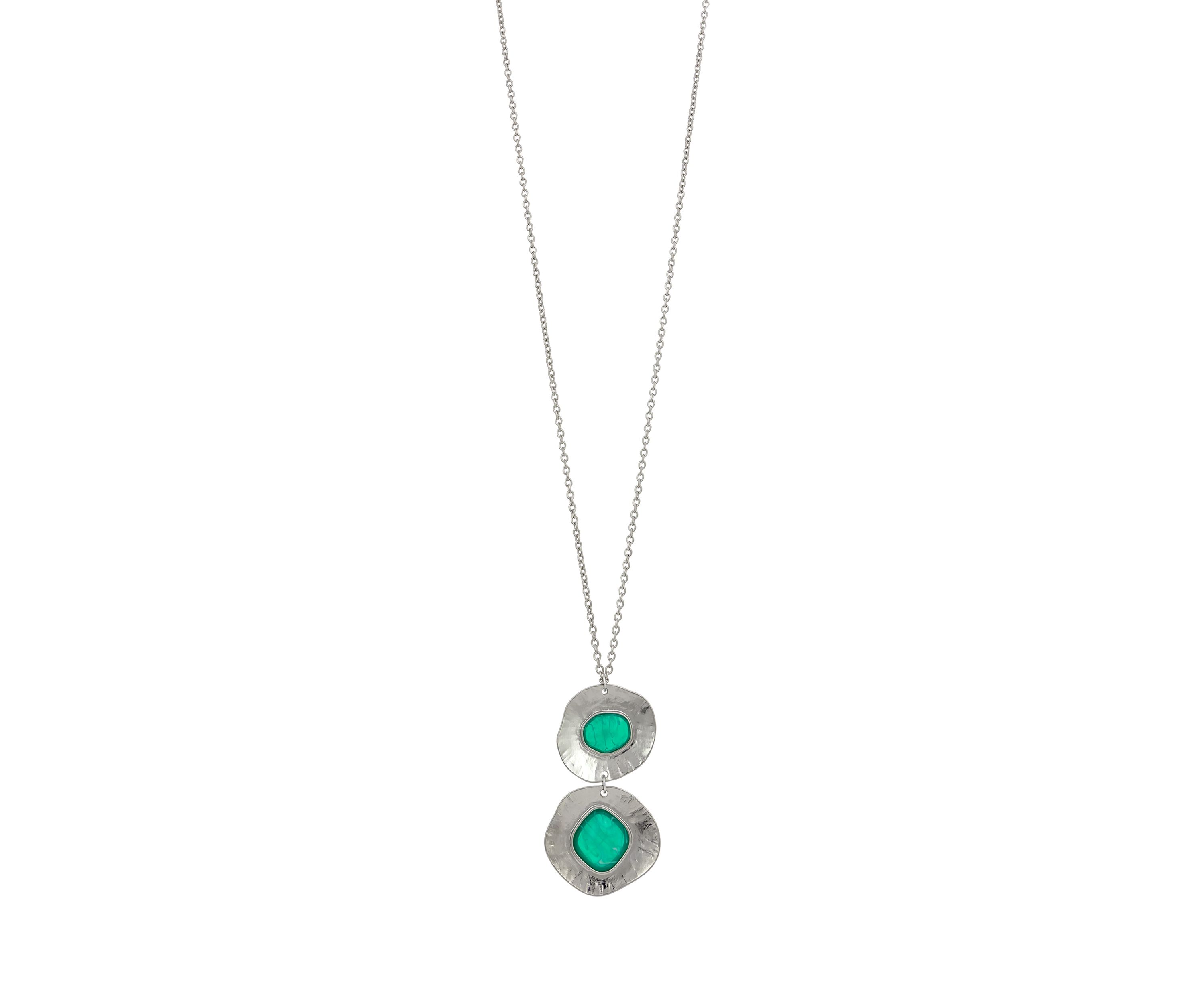 Long Round Metal Double Disc Pendant with Aqua Center Stone Necklace