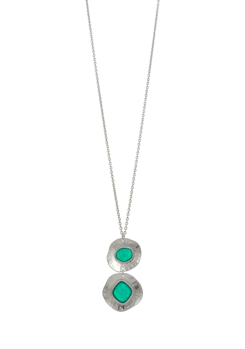 Long Round Metal Double Disc Pendant with Aqua Center Stone Necklace