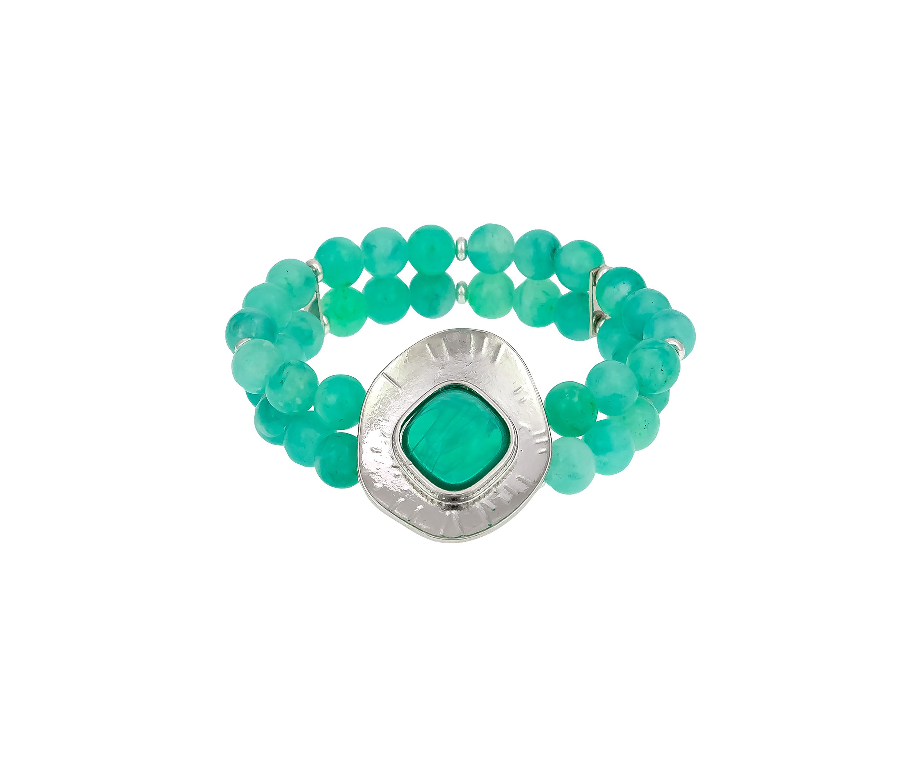 2 Row Aqua Beaded with Framed Aqua Stone Center Accent Stretch Bracelet