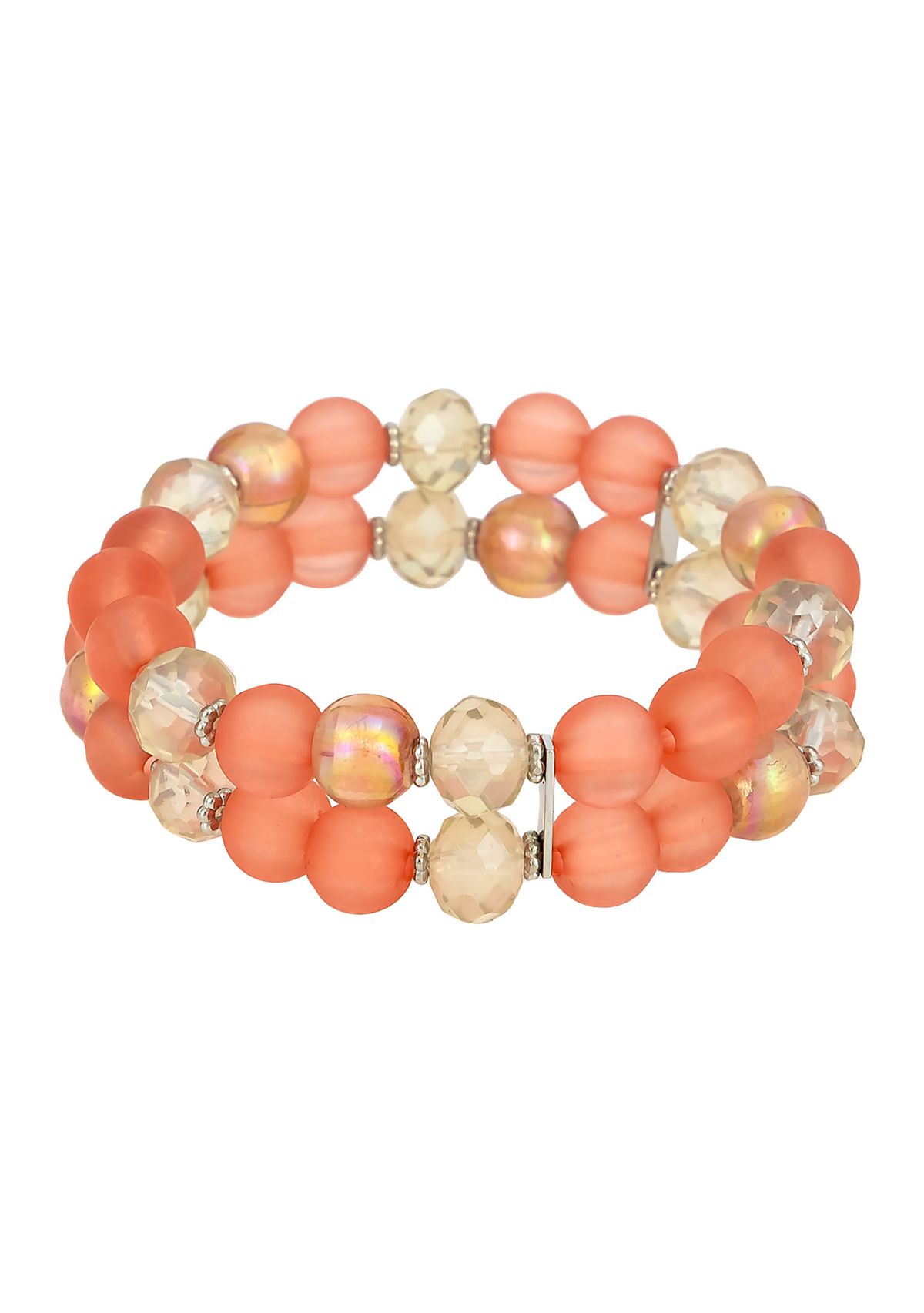 Silver Tone 2 Row Coral Beaded Stretch Bracelet