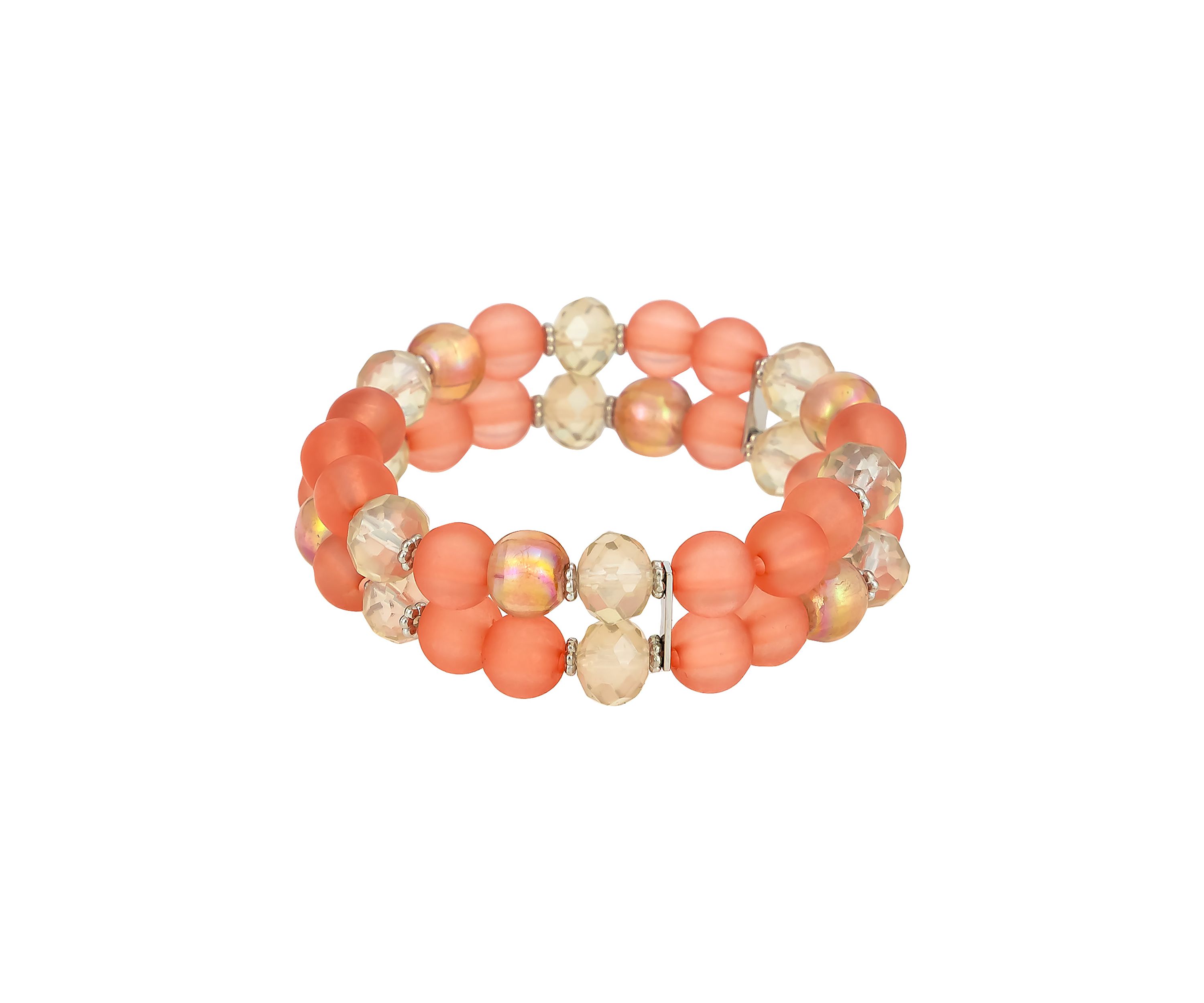 Silver Tone 2 Row Coral Beaded Stretch Bracelet
