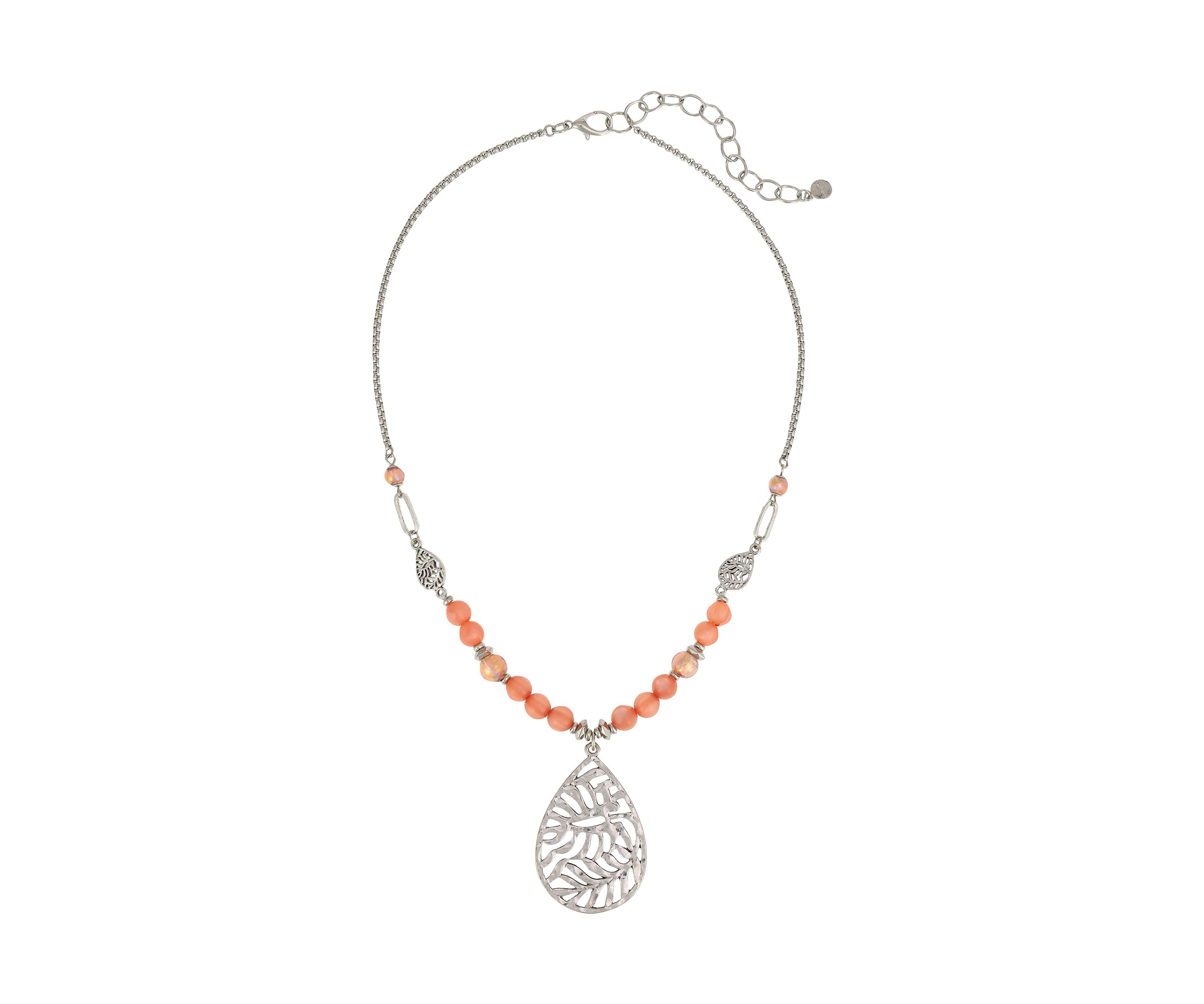 Silver Tone Coral Bead Frontal Necklace 