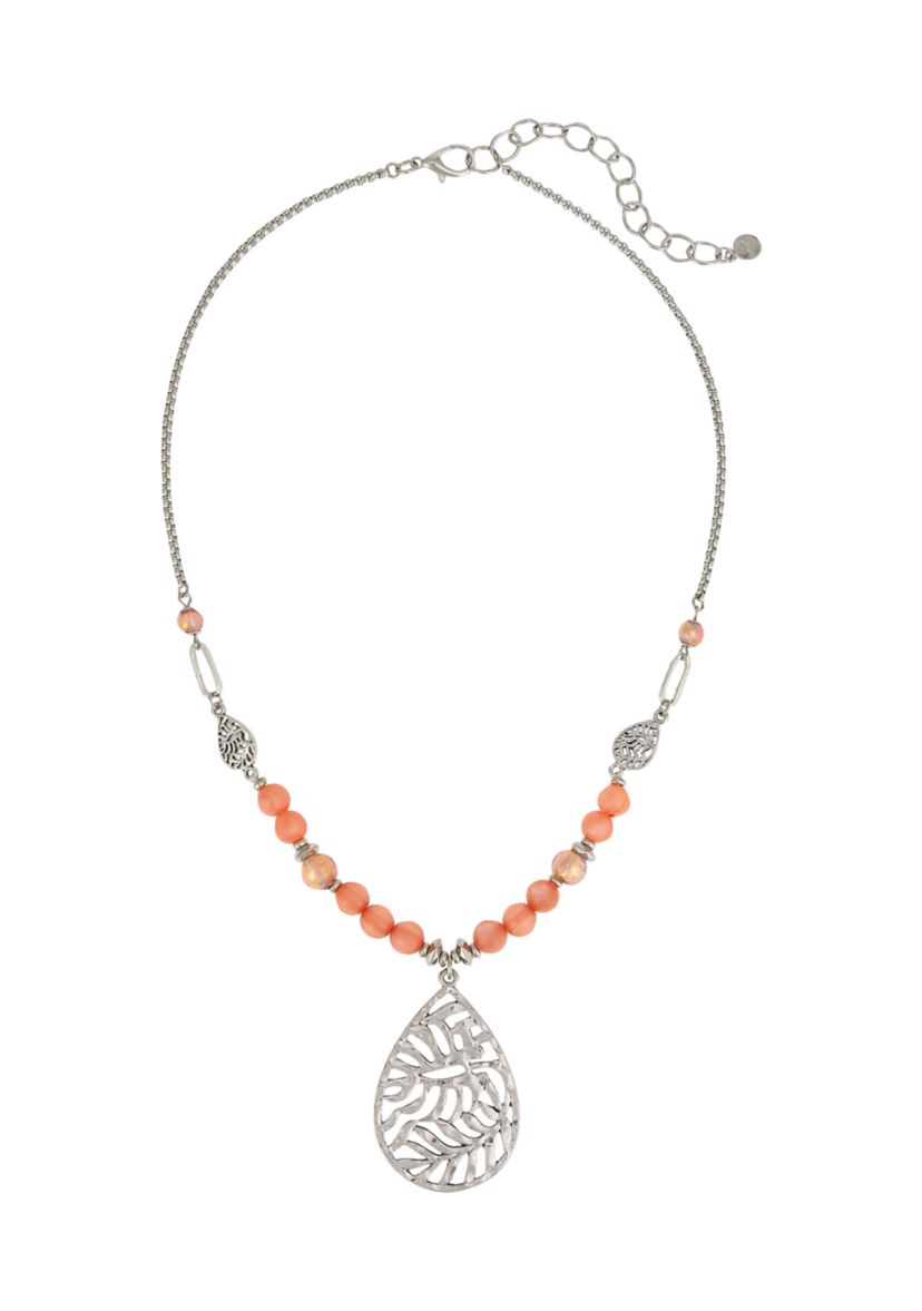 Silver Tone Coral Bead Frontal Necklace 