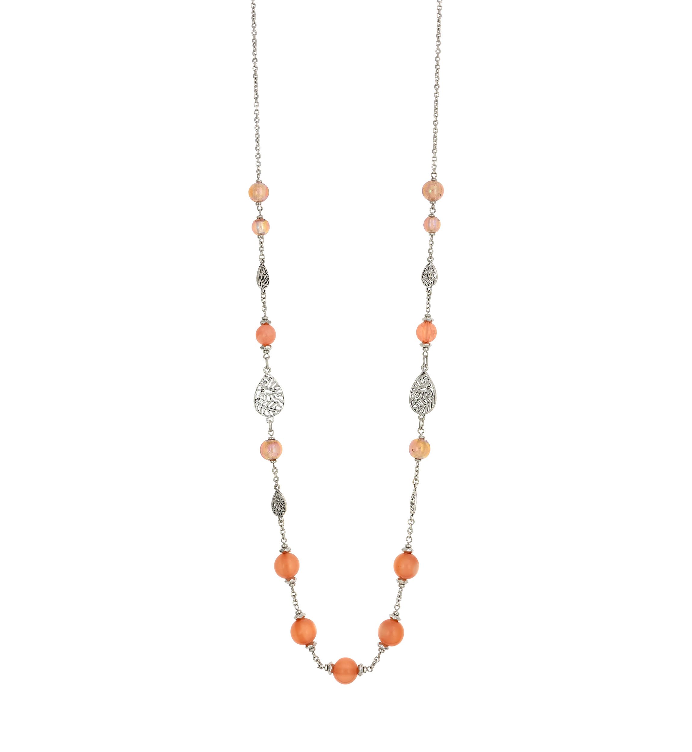Silver Tone Long Linked Coral Bead and Filigree Silver Tone Teardrop Stations Necklace 