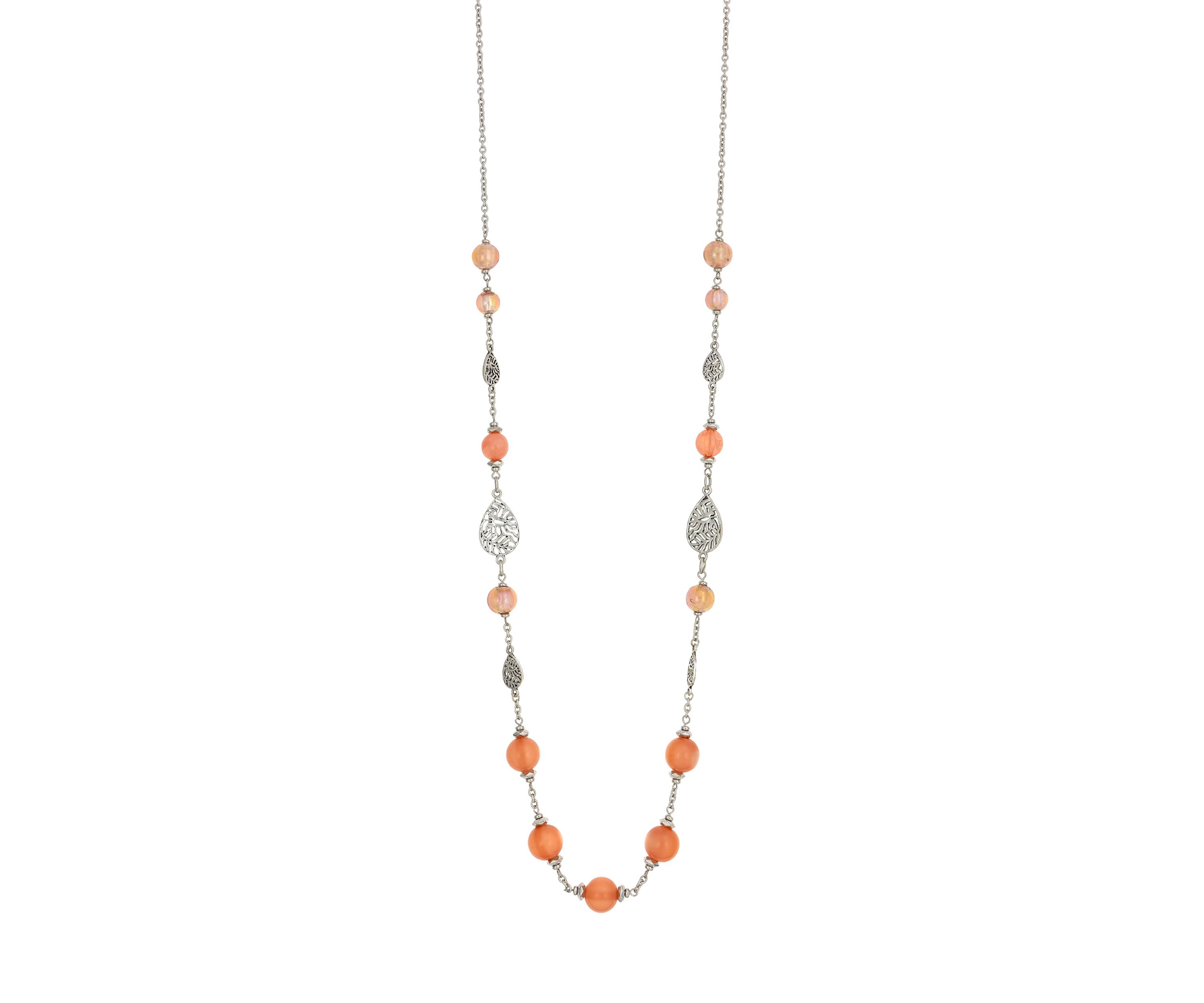 Silver Tone Long Linked Coral Bead and Filigree Silver Tone Teardrop Stations Necklace 
