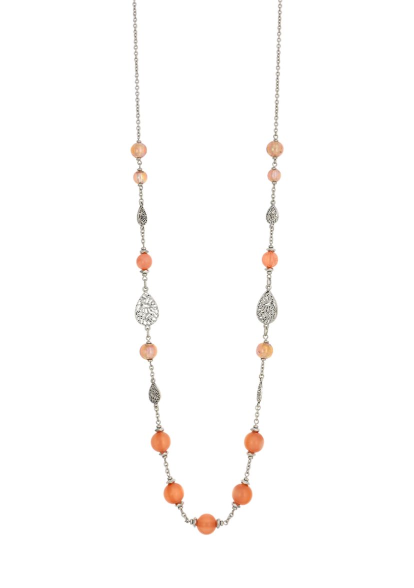 Silver Tone Long Linked Coral Bead and Filigree Silver Tone Teardrop Stations Necklace 
