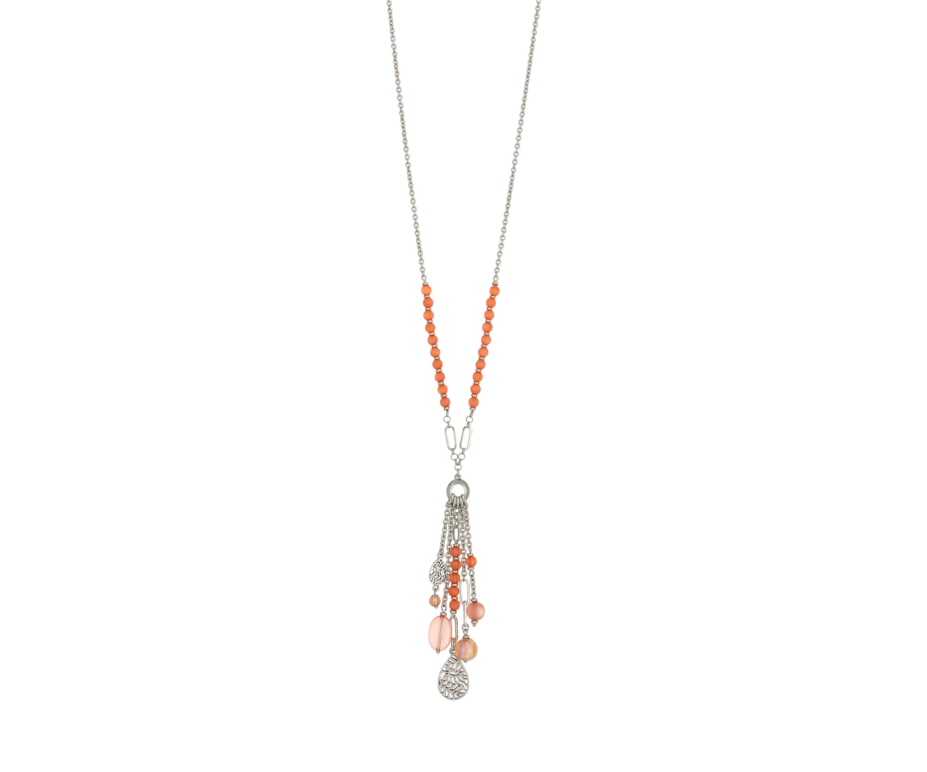 Silver Tone Long Coral Bead Chain and Tassel Necklace 