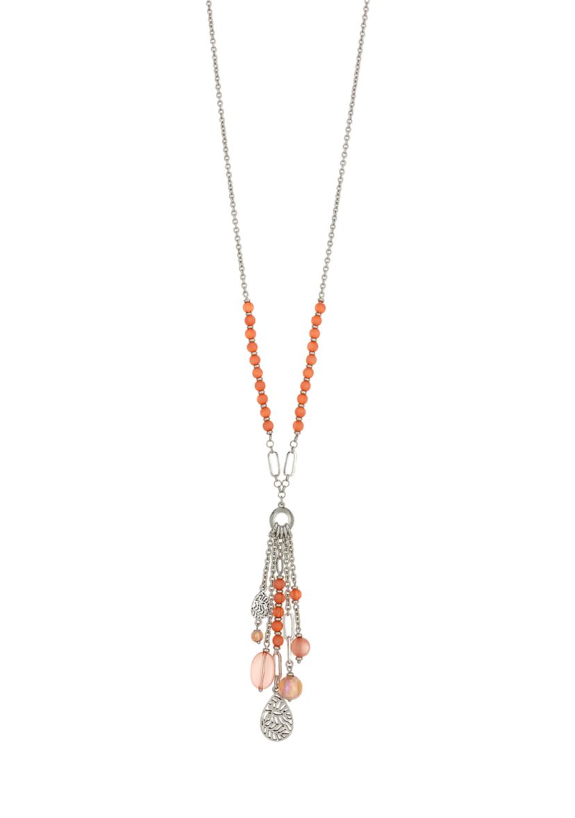 Silver Tone Long Coral Bead Chain and Tassel Necklace 