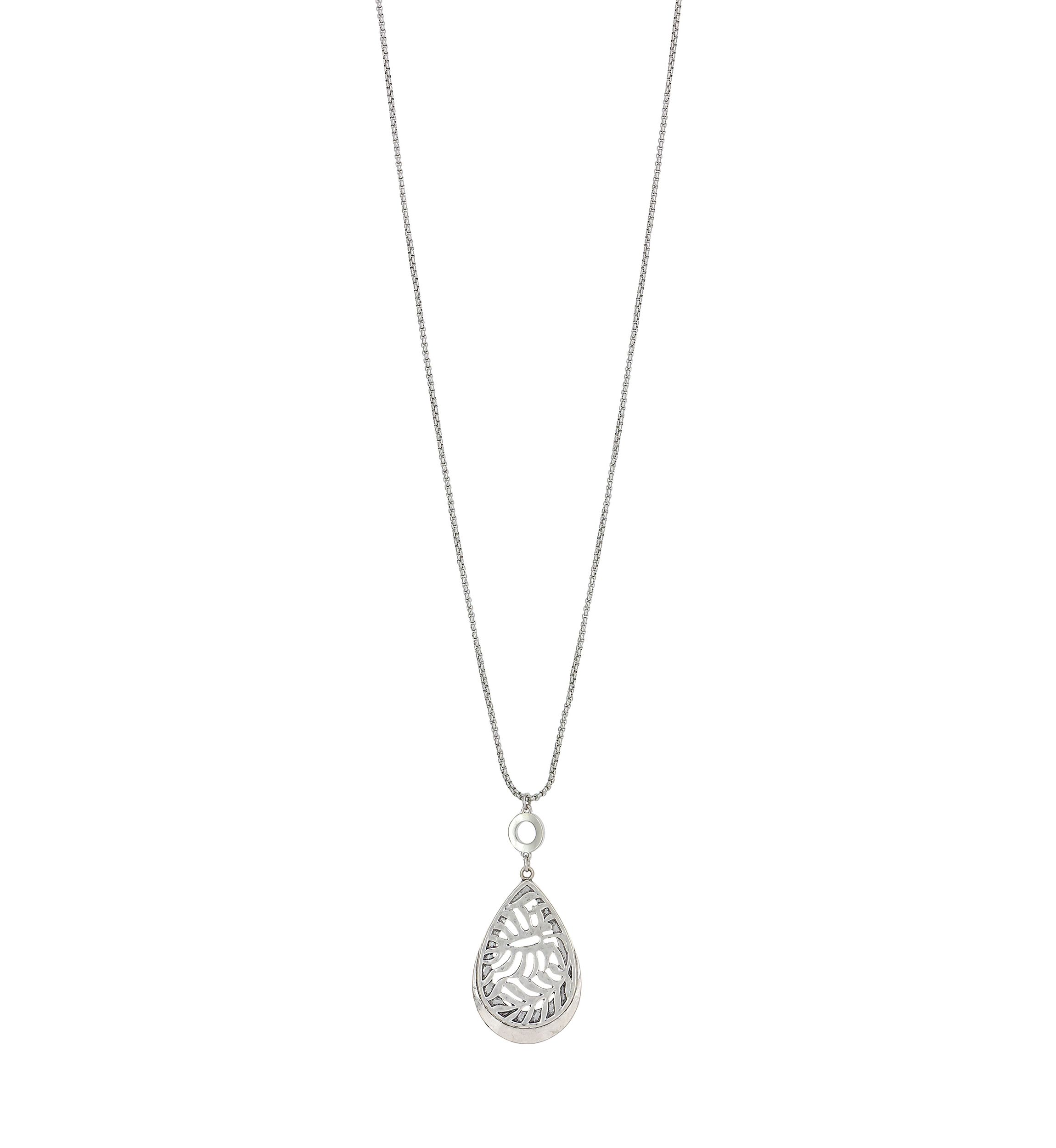 Silver Tone Long Chain with Filigree Teardrop Pendant Necklace