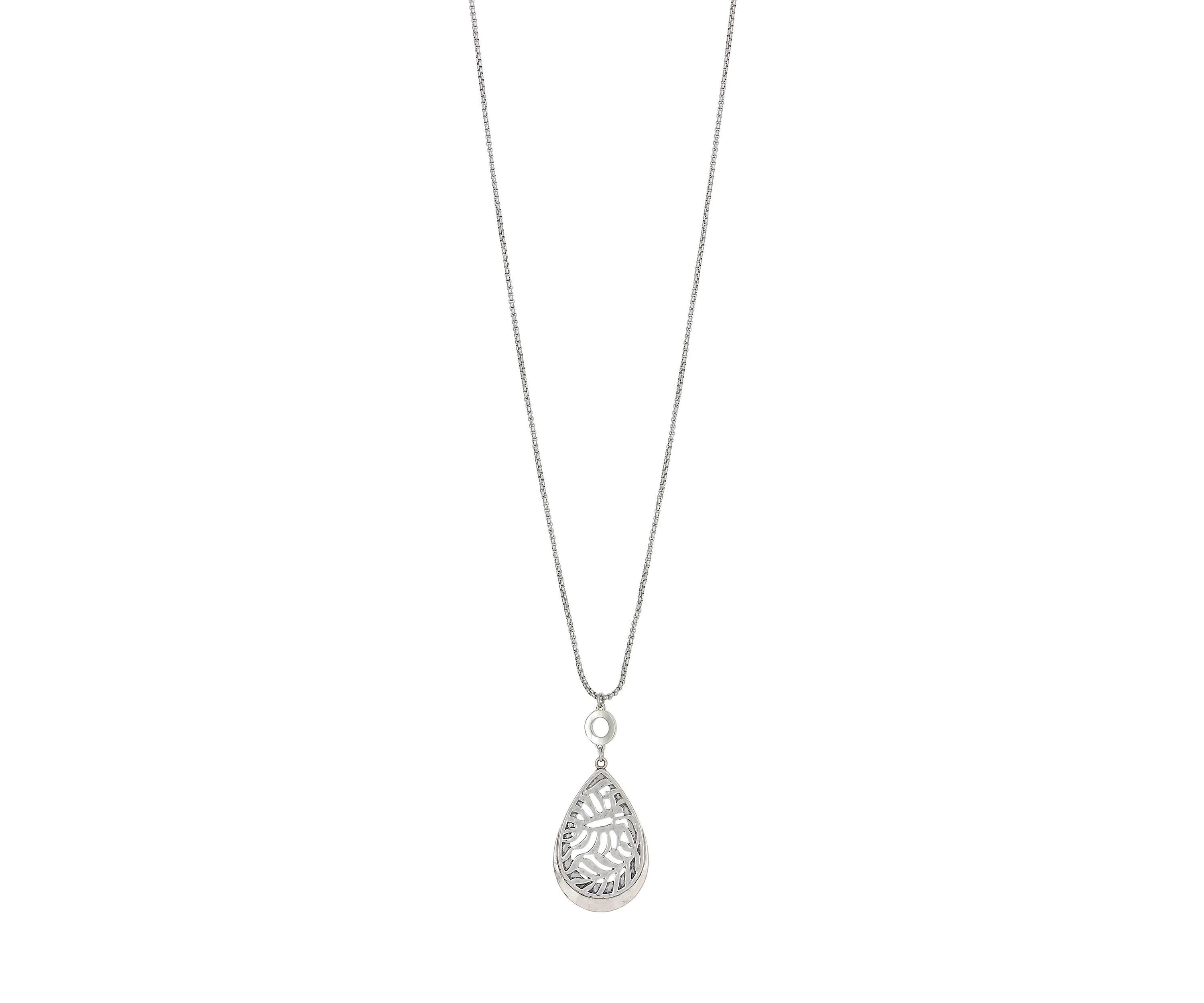 Silver Tone Long Chain with Filigree Teardrop Pendant Necklace