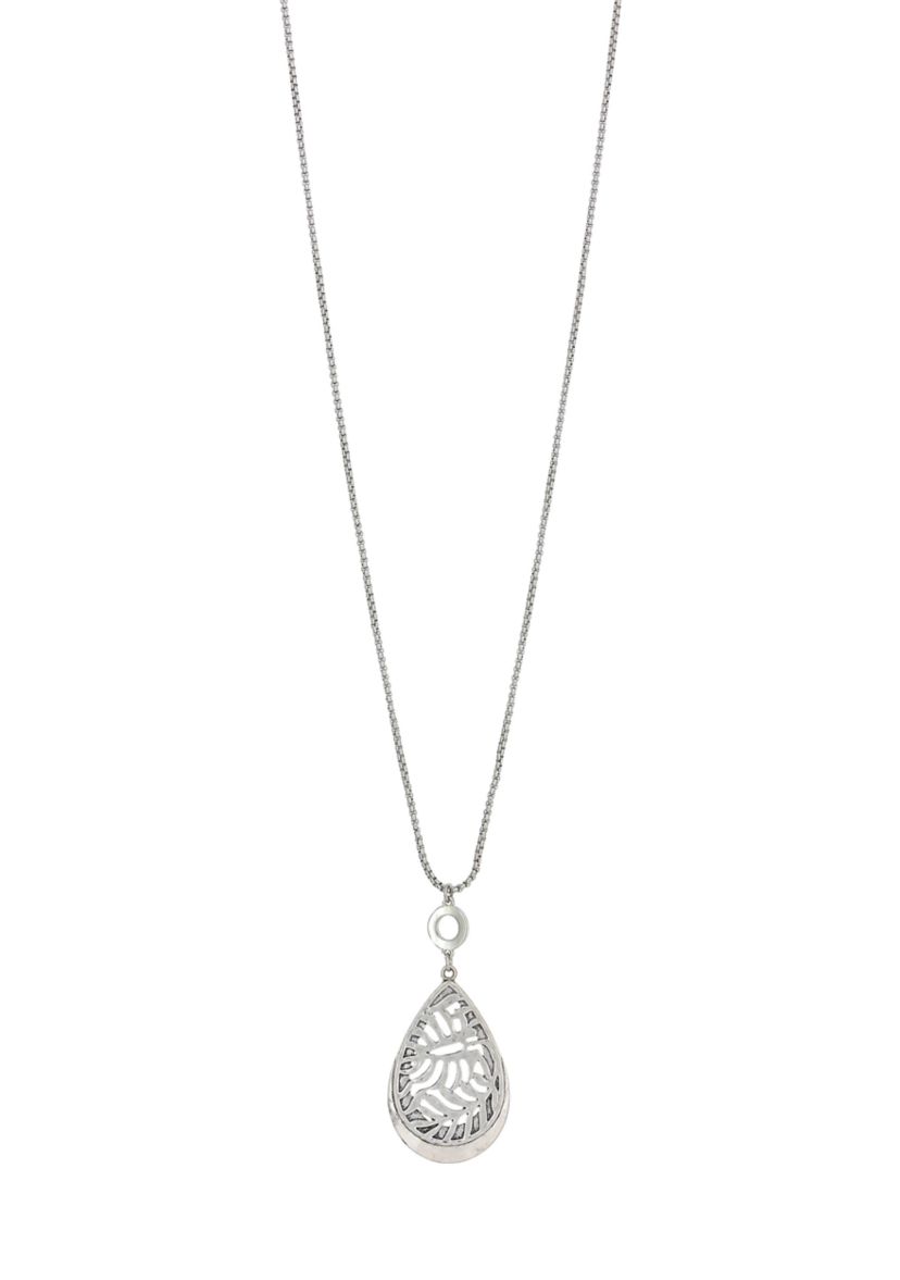 Silver Tone Long Chain with Filigree Teardrop Pendant Necklace