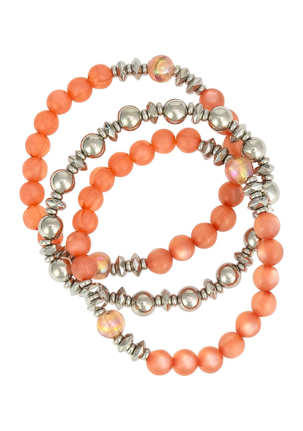 Silver Tone 3-Row Coral Beaded Stretch Bracelet Set 