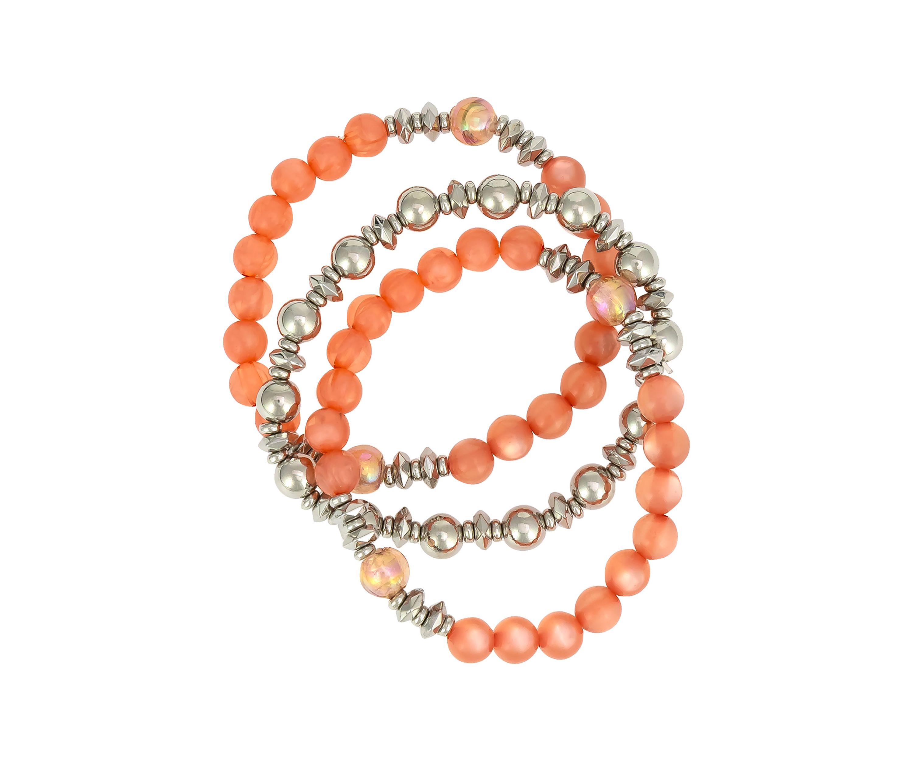 Silver Tone 3-Row Coral Beaded Stretch Bracelet Set 