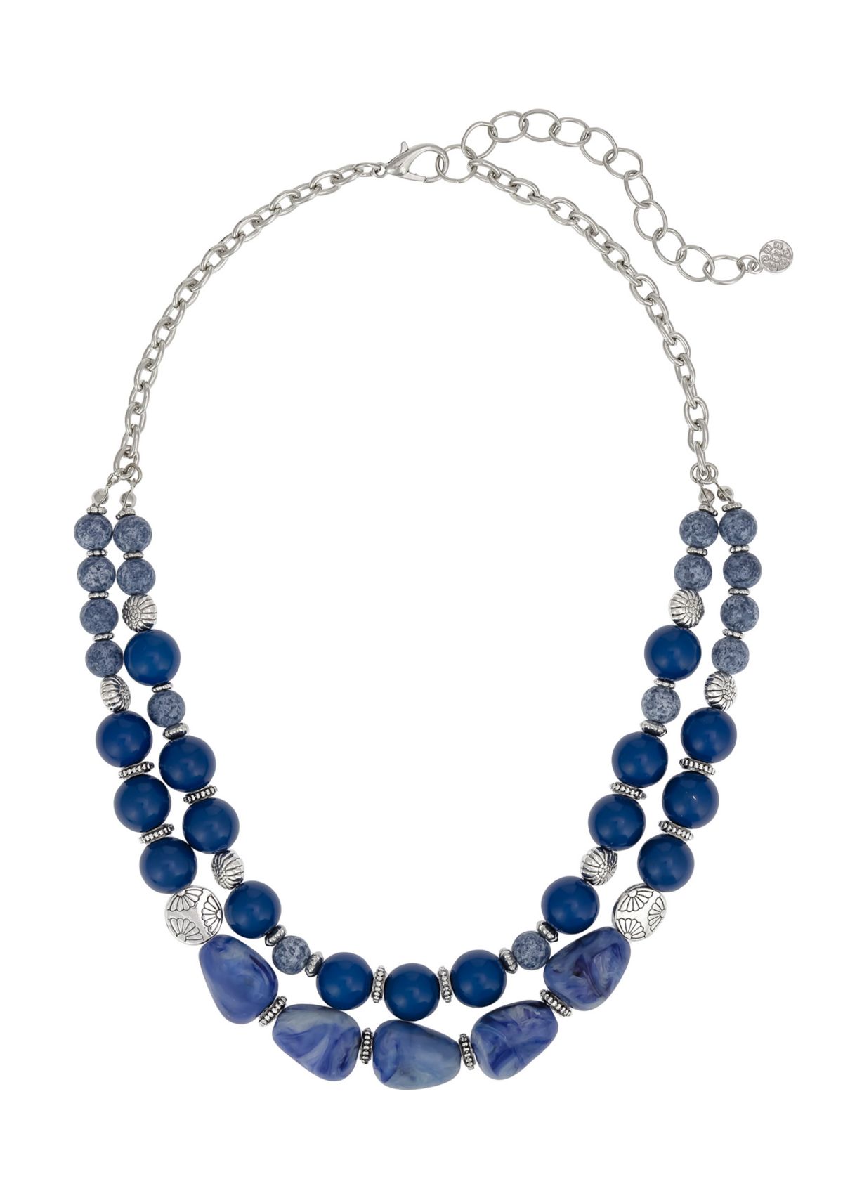 Silver Tone 2 Row Short Blue and Etched Silver Bead Necklace