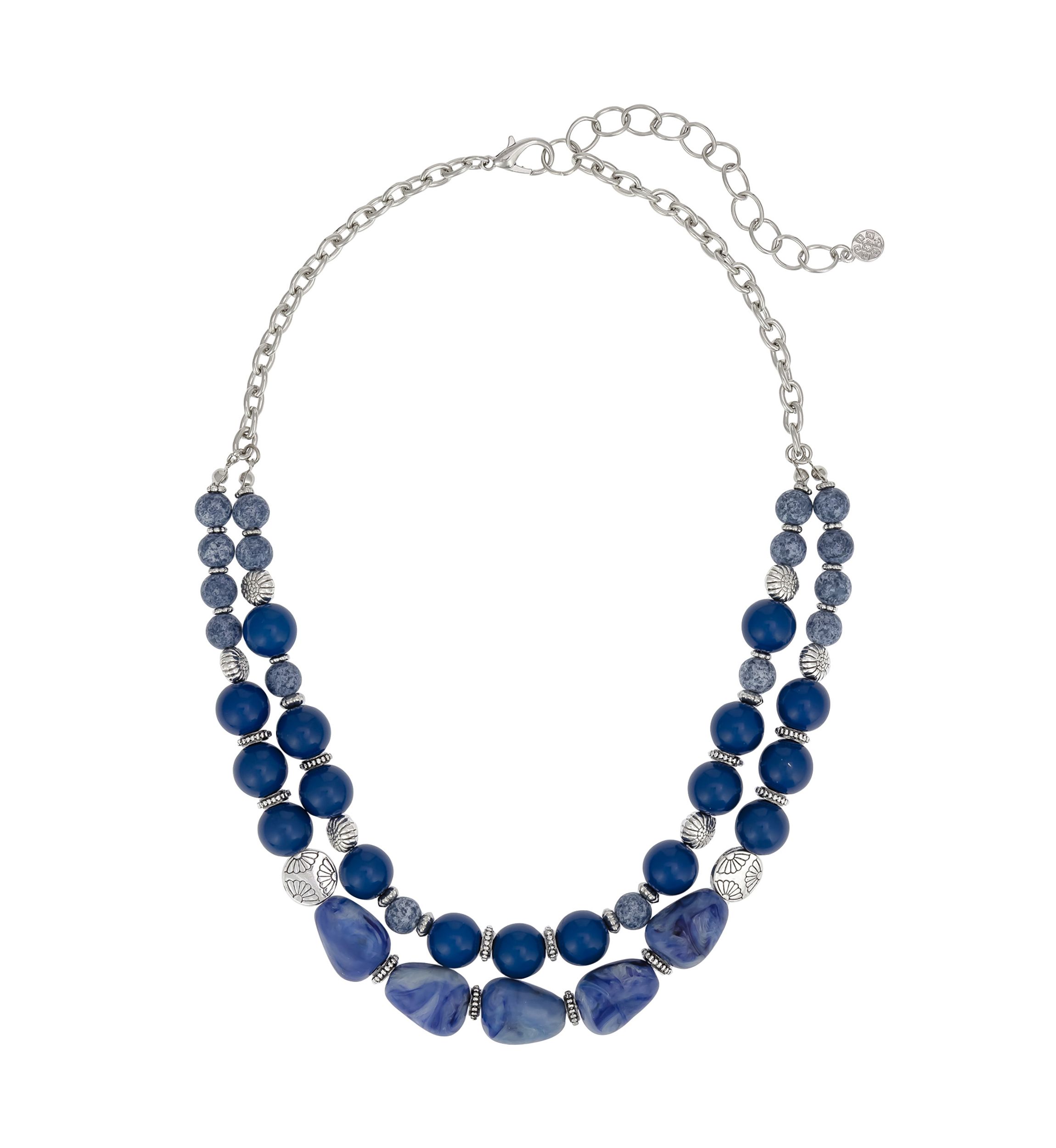 Silver Tone 2 Row Short Blue and Etched Silver Bead Necklace