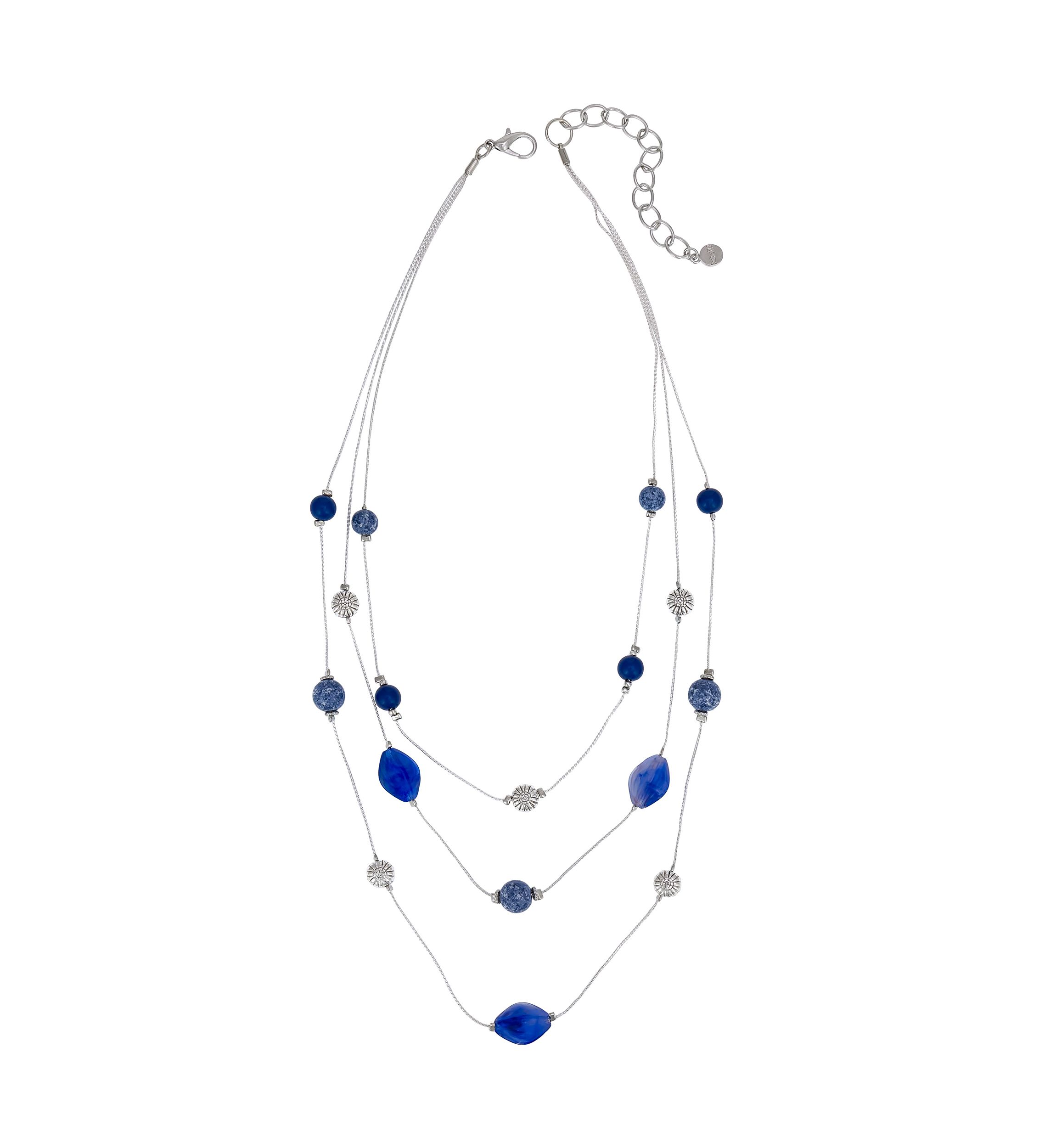 Silver Tone 3 Row Blue Bead Short Illusion Necklace