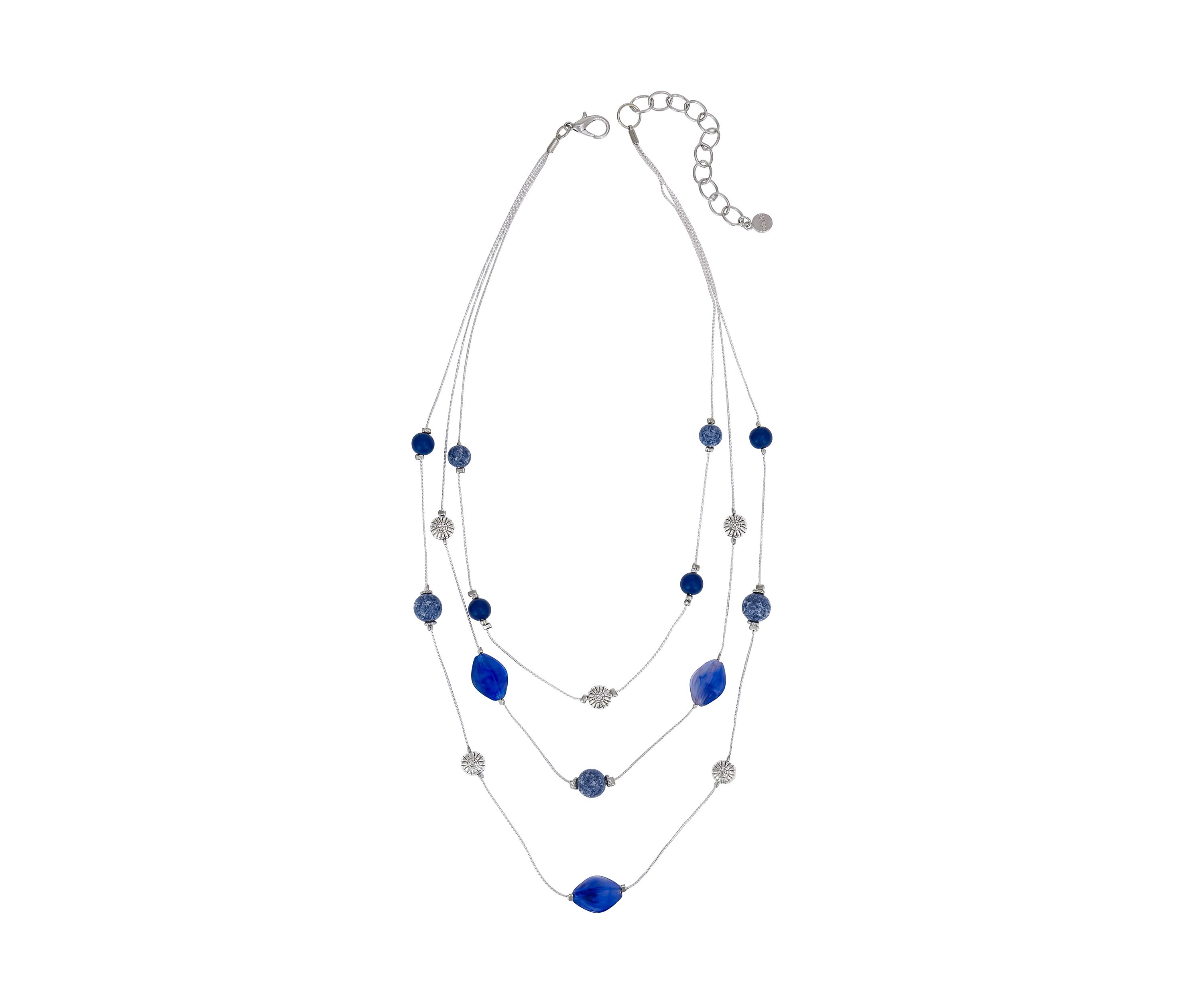 Silver Tone 3 Row Blue Bead Short Illusion Necklace