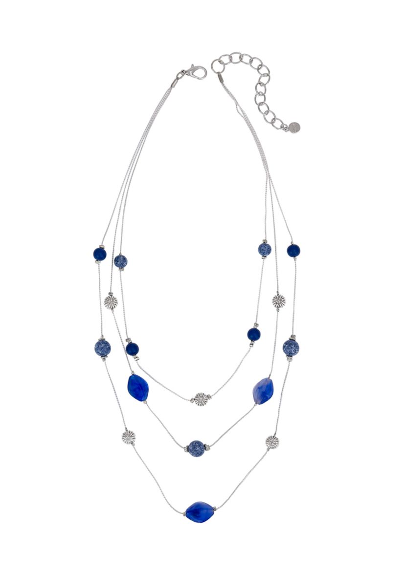 Silver Tone 3 Row Blue Bead Short Illusion Necklace