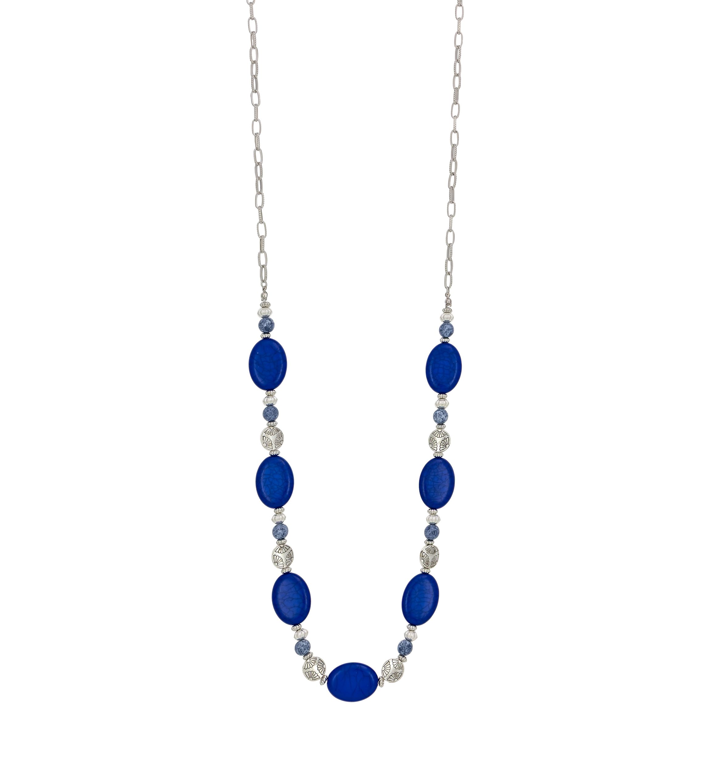 Silver Tone Long Blue Bead Station Necklace