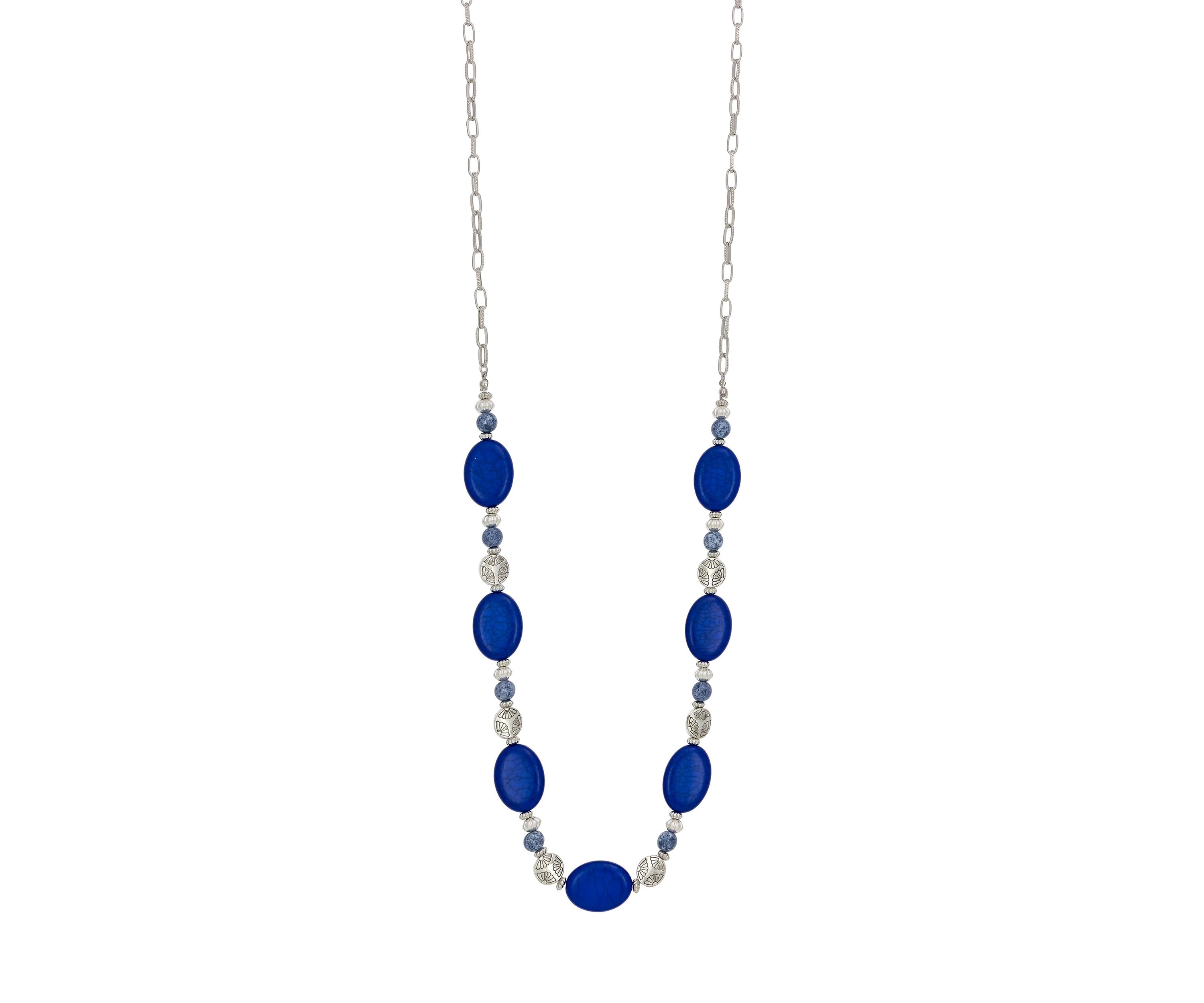 Silver Tone Long Blue Bead Station Necklace