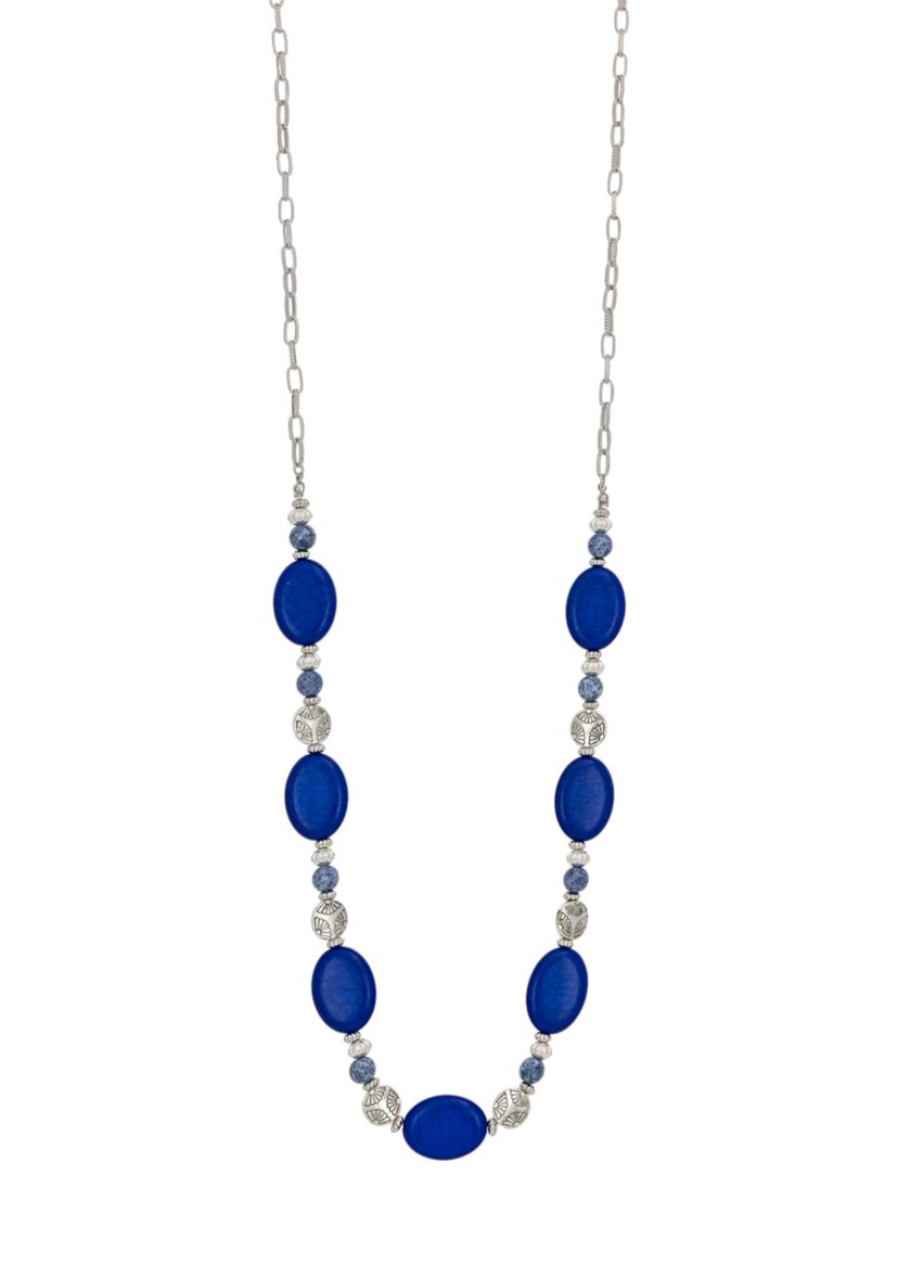 Silver Tone Long Blue Bead Station Necklace