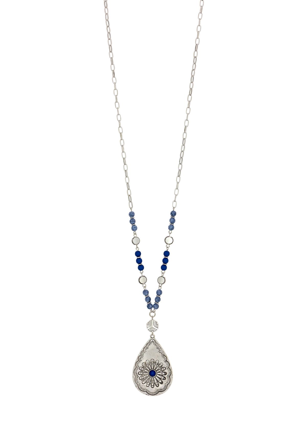 Silver Tone Long Chain Blue Bead Detail and Etched Teardrop Pendant Necklace