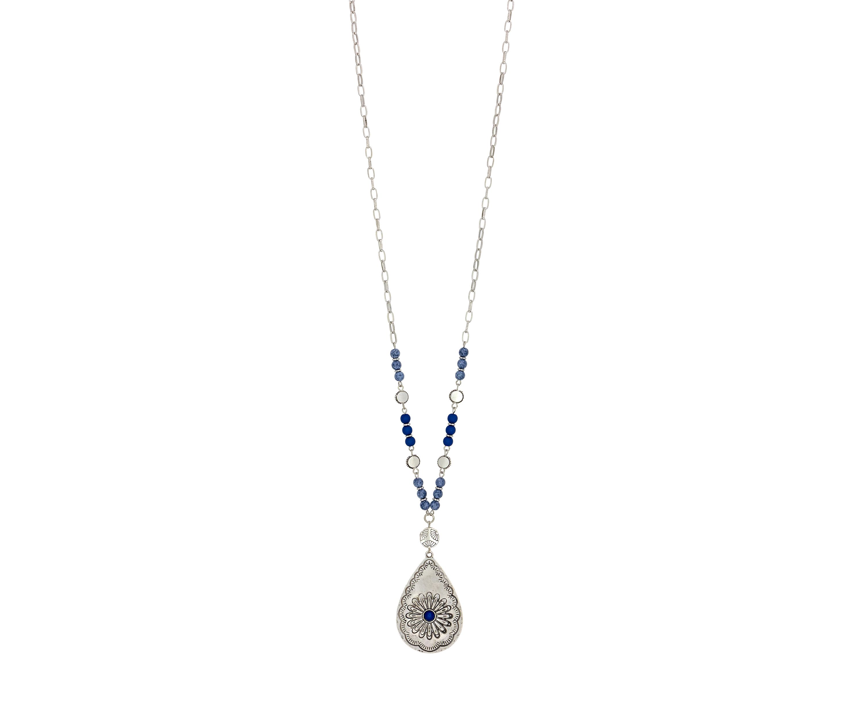 Silver Tone Long Chain Blue Bead Detail and Etched Teardrop Pendant Necklace