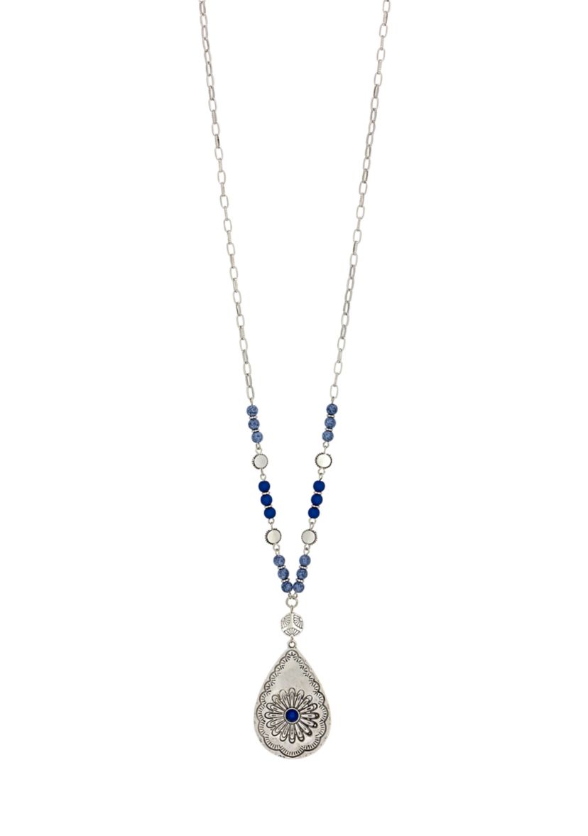 Silver Tone Long Chain Blue Bead Detail and Etched Teardrop Pendant Necklace