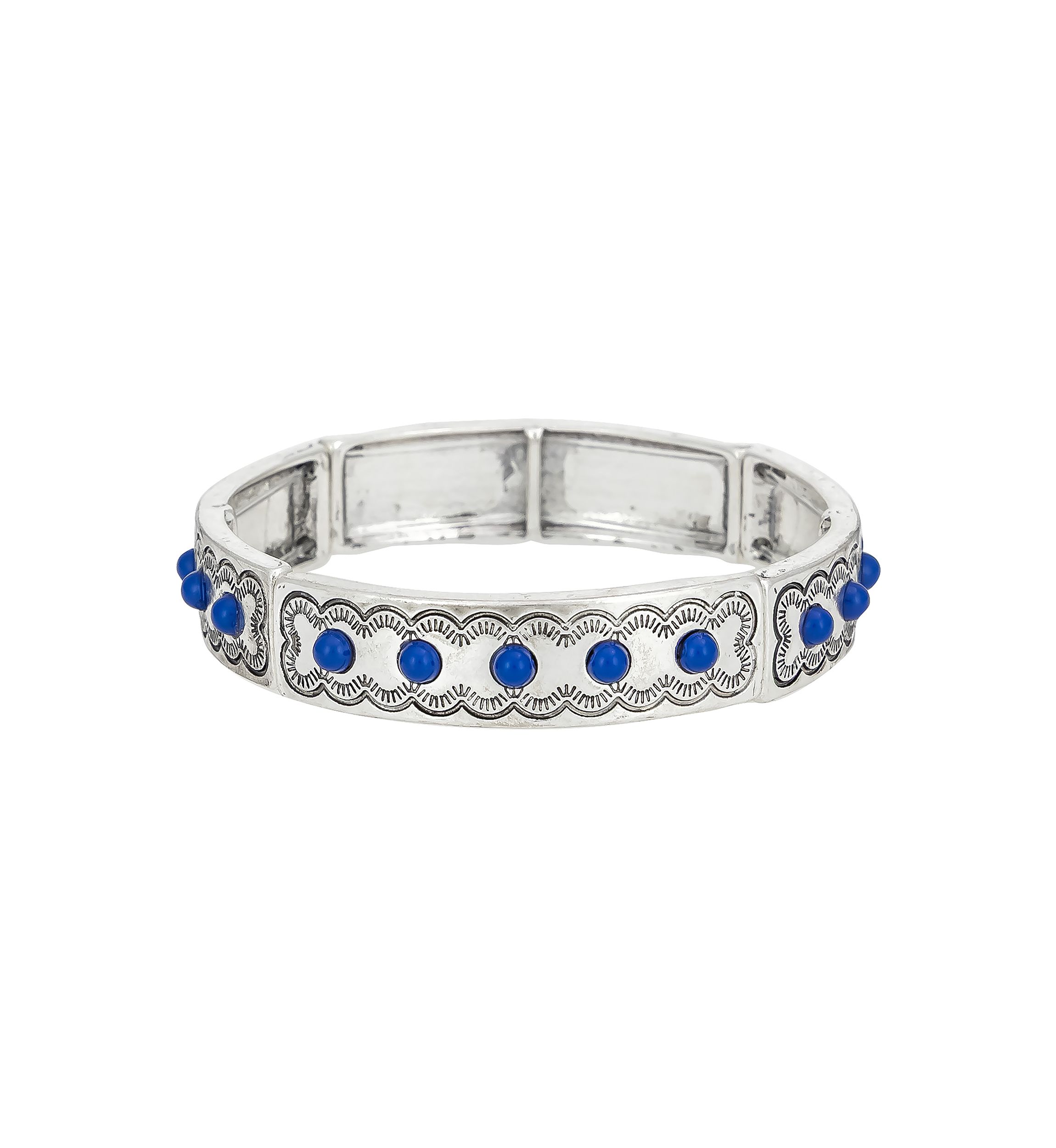 Silver Tone Stretch Etched Front Blue Stone Accent Bangle Bracelet