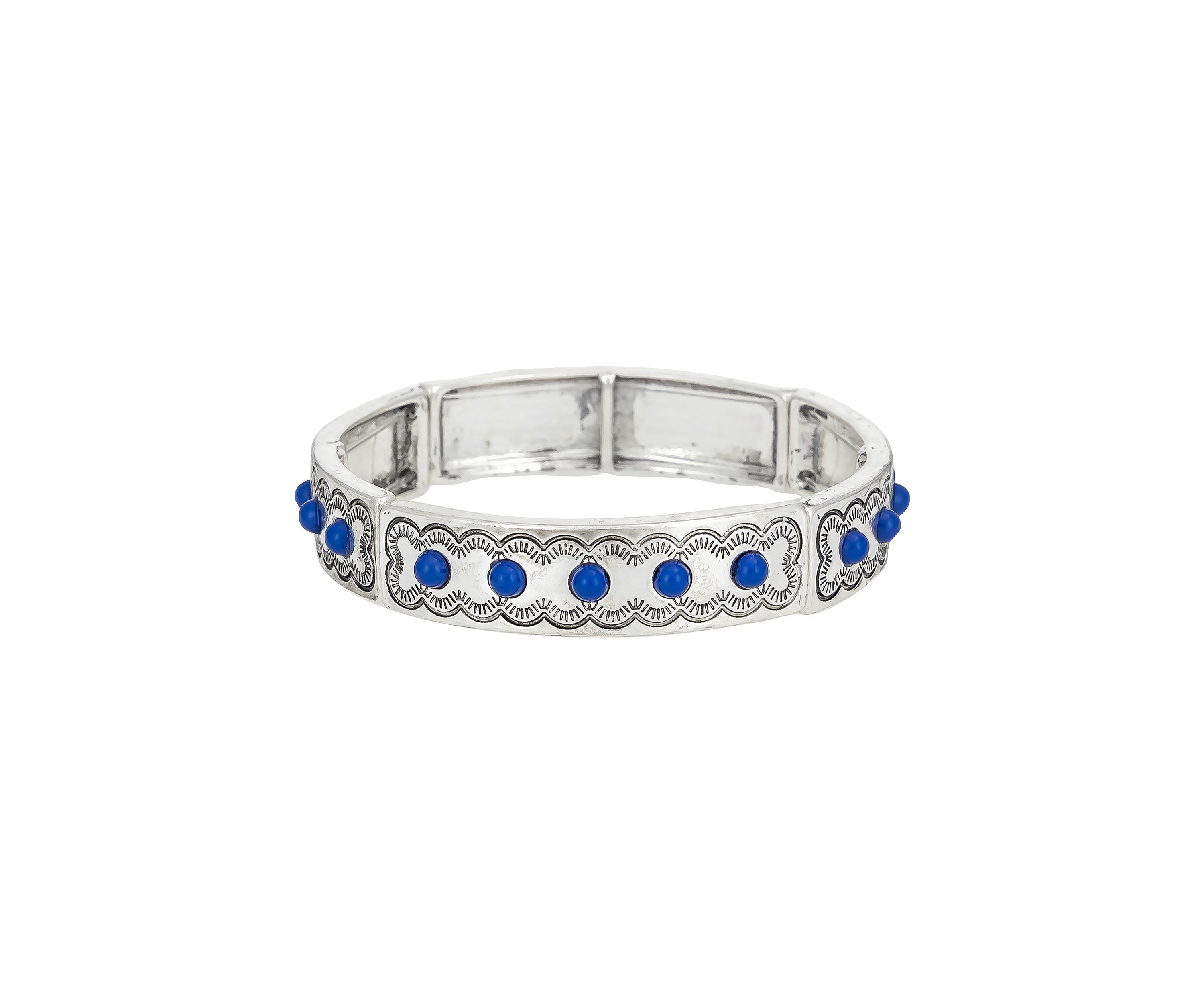 Silver Tone Stretch Etched Front Blue Stone Accent Bangle Bracelet