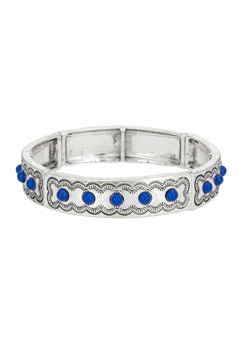 Silver Tone Stretch Etched Front Blue Stone Accent Bangle Bracelet