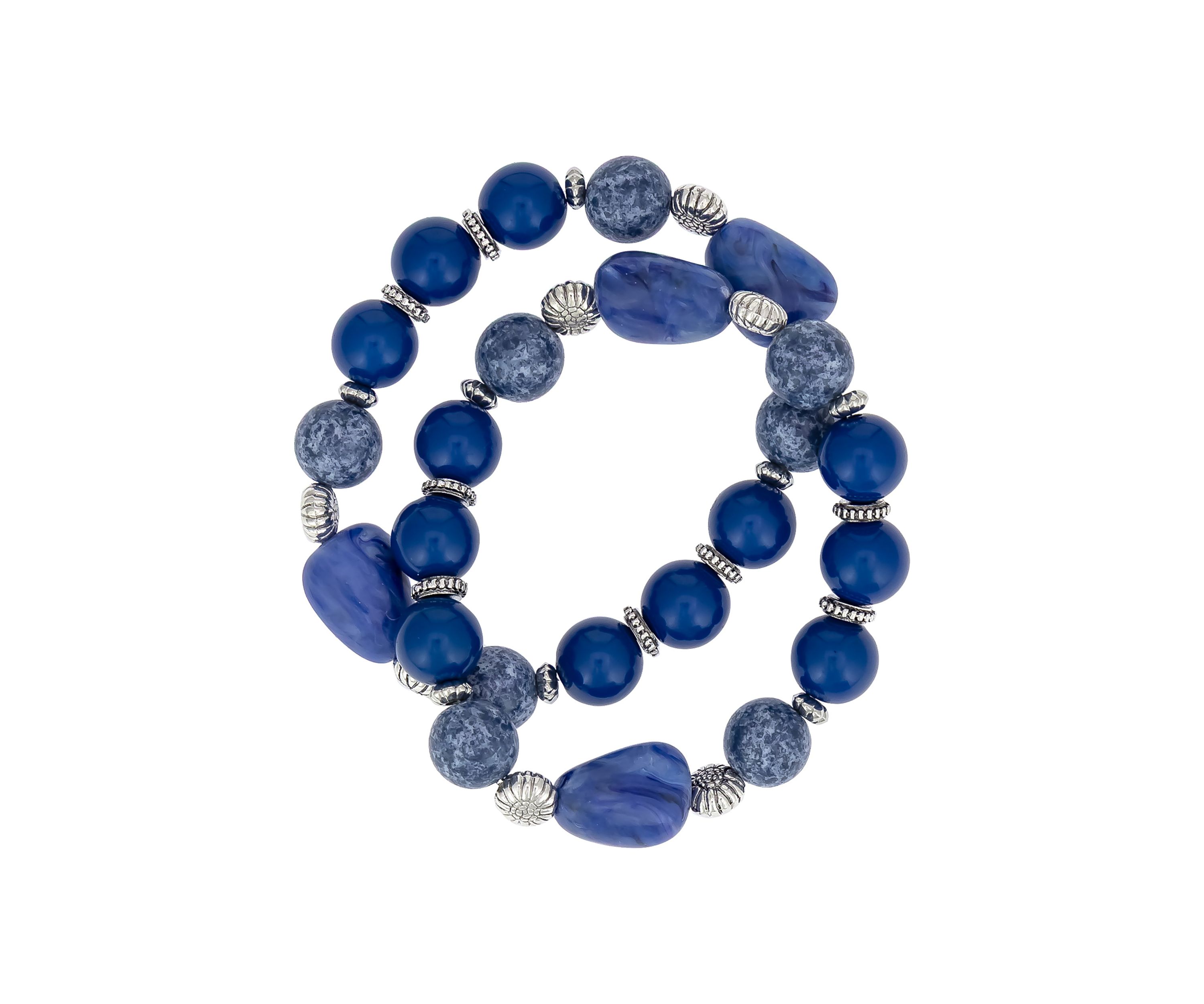 Silver Tone Blue Bead Stretch Bracelet Set