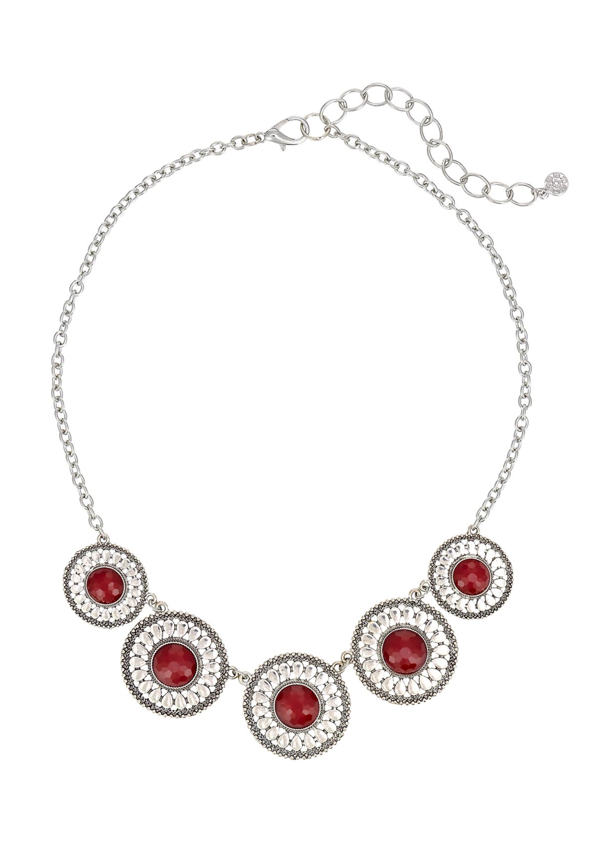 Silver-Tone 5 Round Textured Disc with Red Center Stone Accent Frontal Necklace 