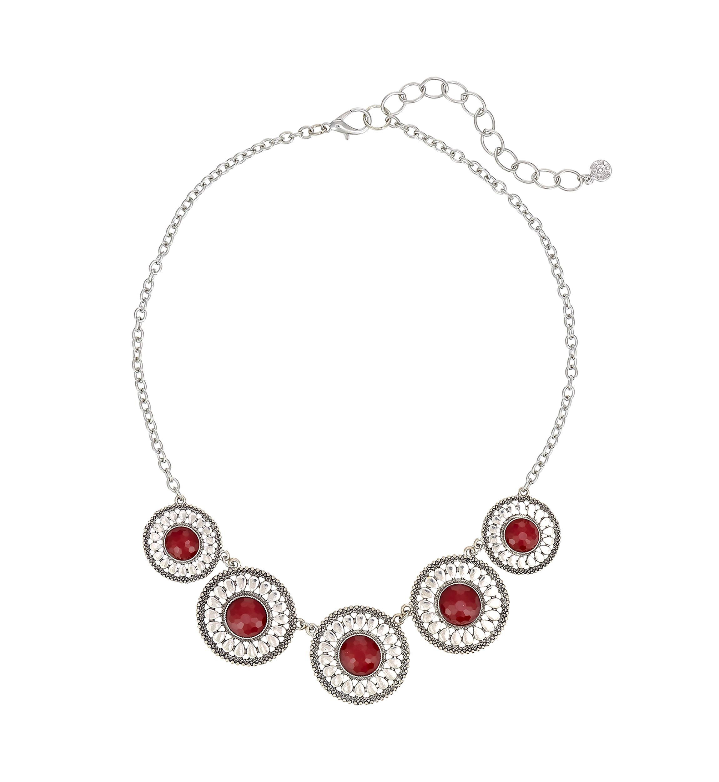 Silver-Tone 5 Round Textured Disc with Red Center Stone Accent Frontal Necklace 
