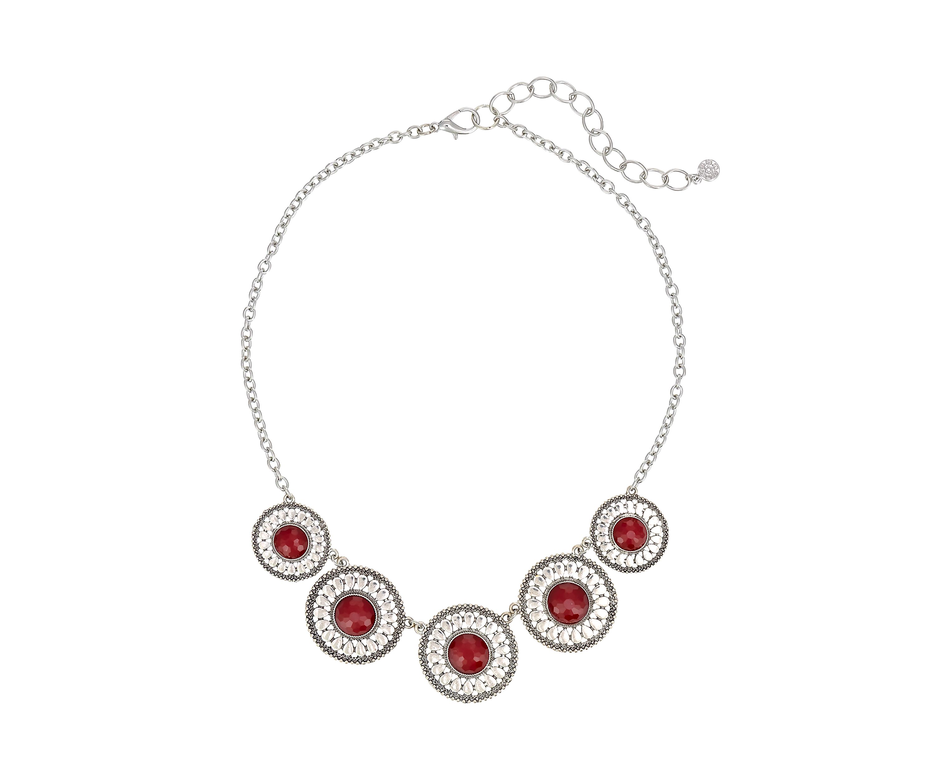 Silver-Tone 5 Round Textured Disc with Red Center Stone Accent Frontal Necklace 