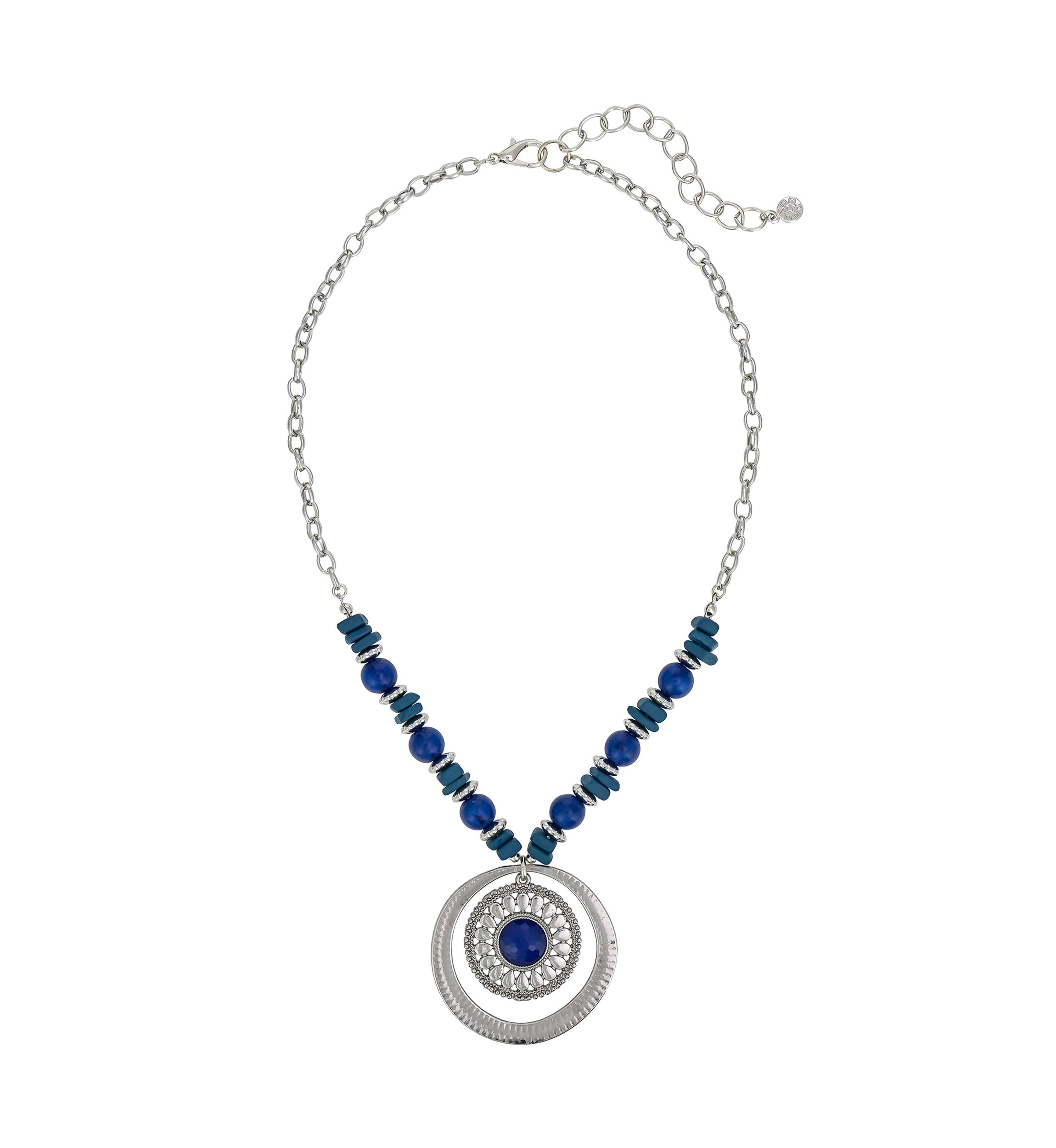 Silver-Tone Short Round Texture Disc Orbital Pendant Necklace 