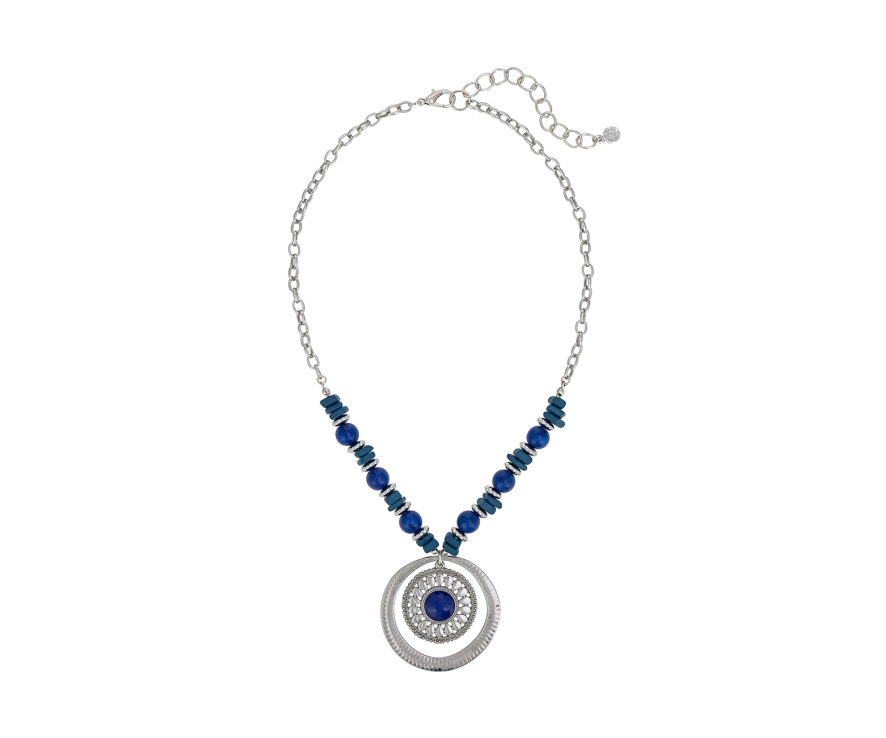 Silver-Tone Short Round Texture Disc Orbital Pendant Necklace 